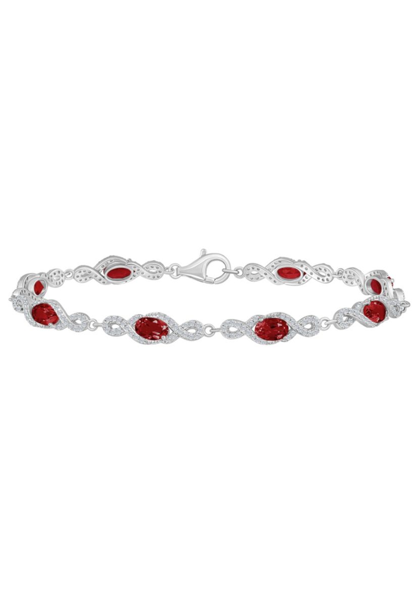 Sterling Silver 6x4mm Oval Garnet and White Topaz Accent Bracelet