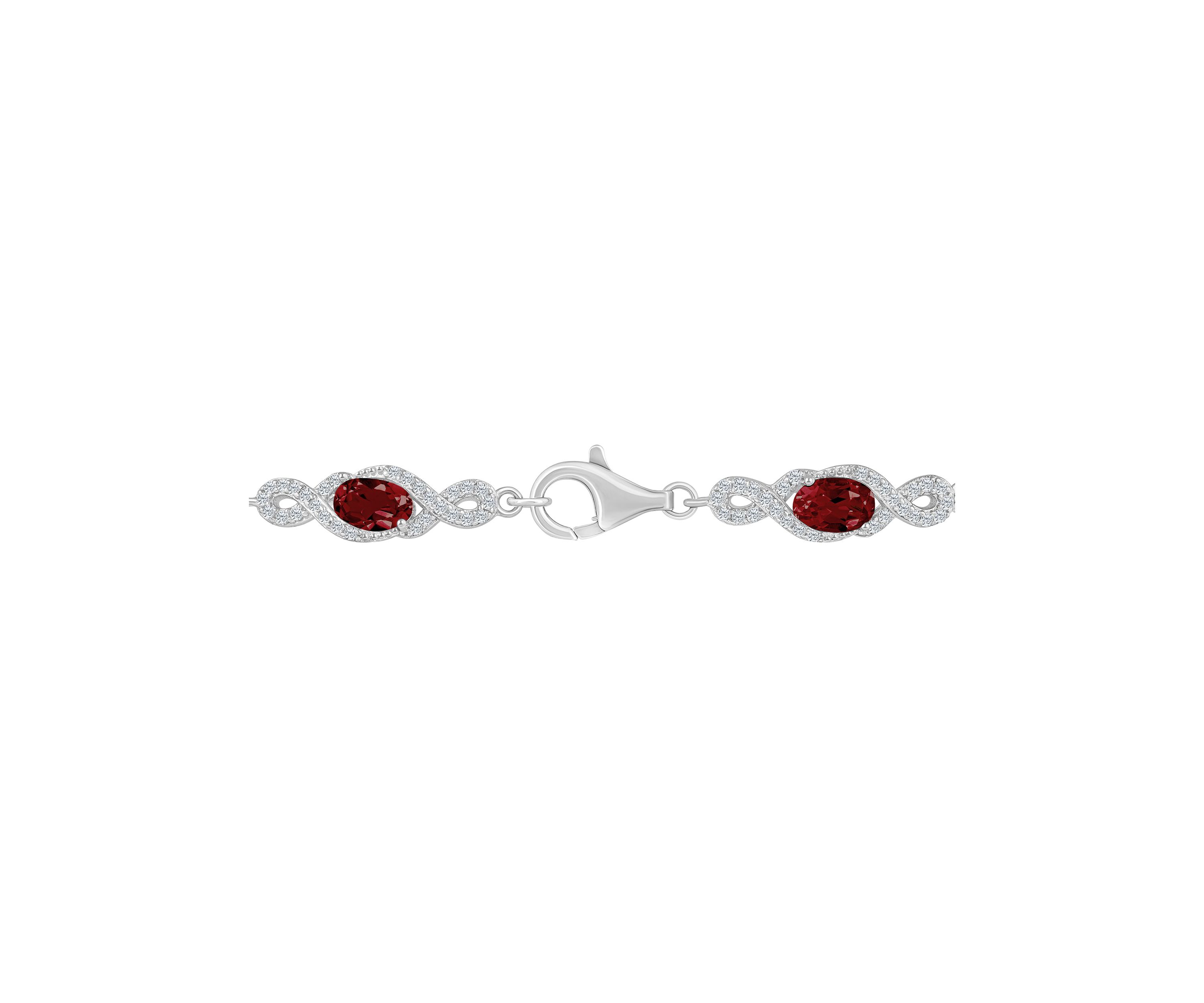 Sterling Silver 6x4mm Oval Garnet and White Topaz Accent Bracelet