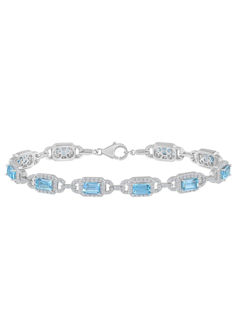 Sterling Silver 6x4mm Emerald Cut Sky Blue Topaz and White Topaz Accent Bracelet