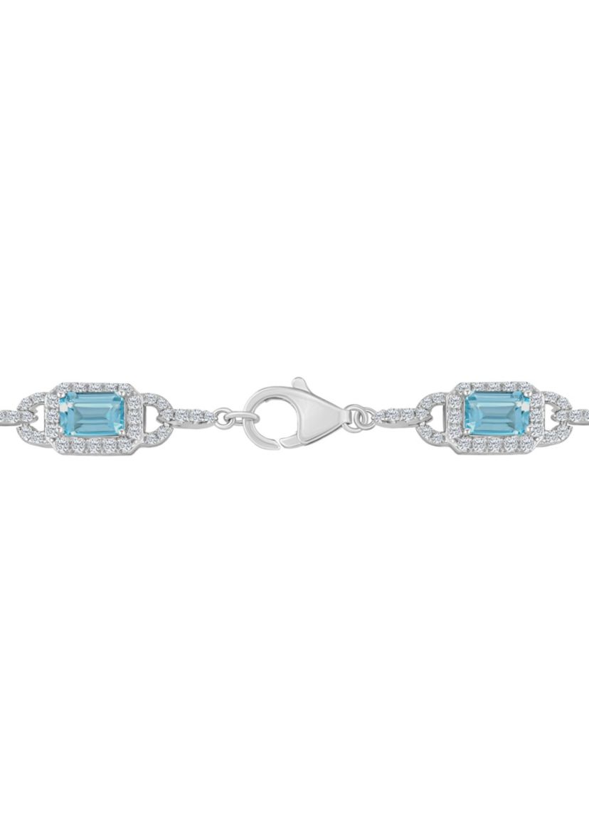 Sterling Silver 6x4mm Emerald Cut Sky Blue Topaz and White Topaz Accent Bracelet