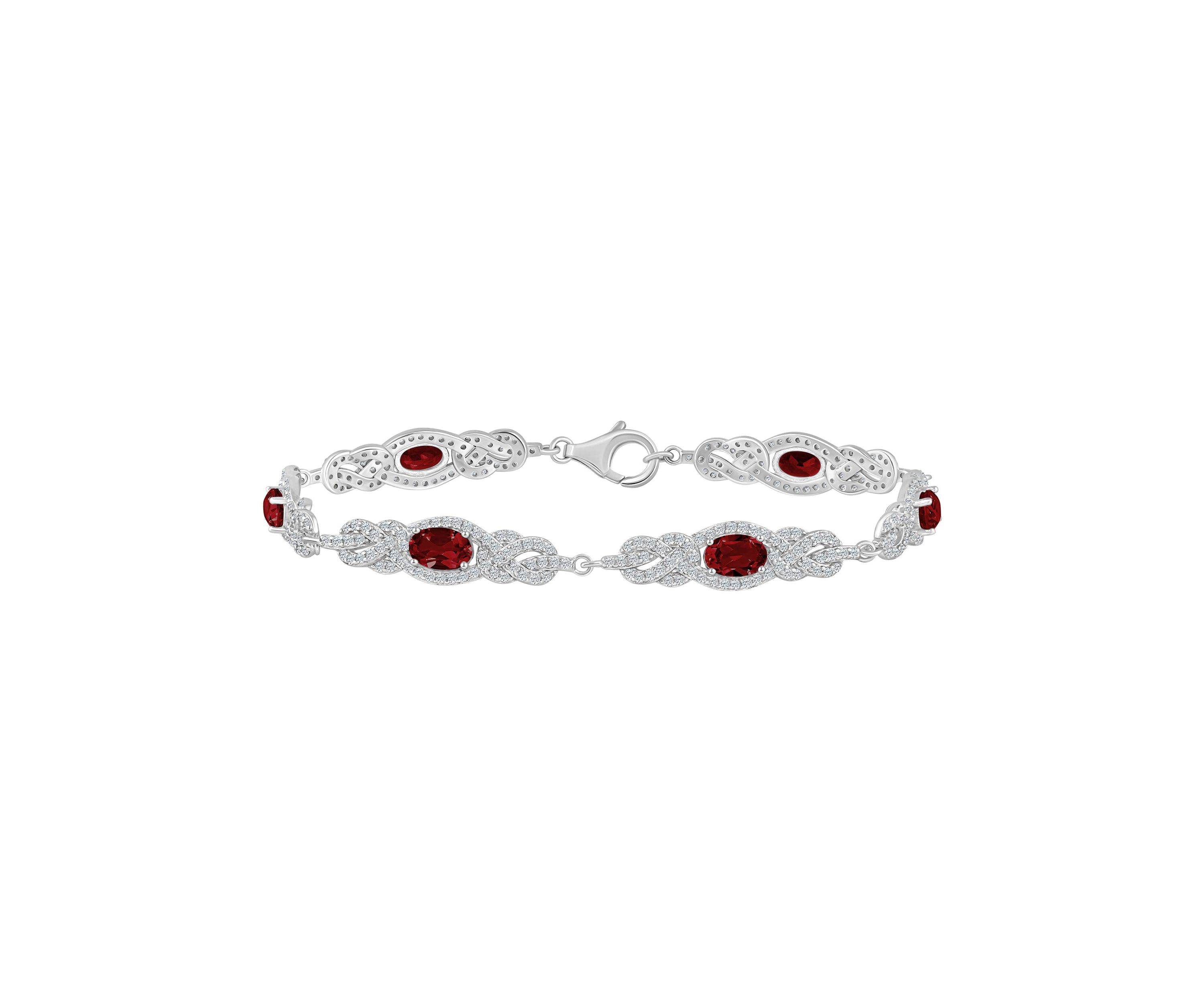 Sterling Silver 6x4mm Oval Garnet and White Topaz Accent Bracelet