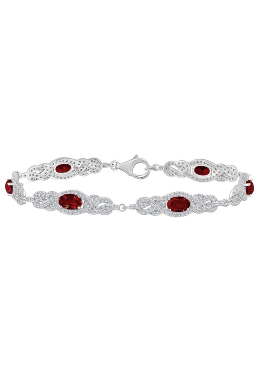 Sterling Silver 6x4mm Oval Garnet and White Topaz Accent Bracelet