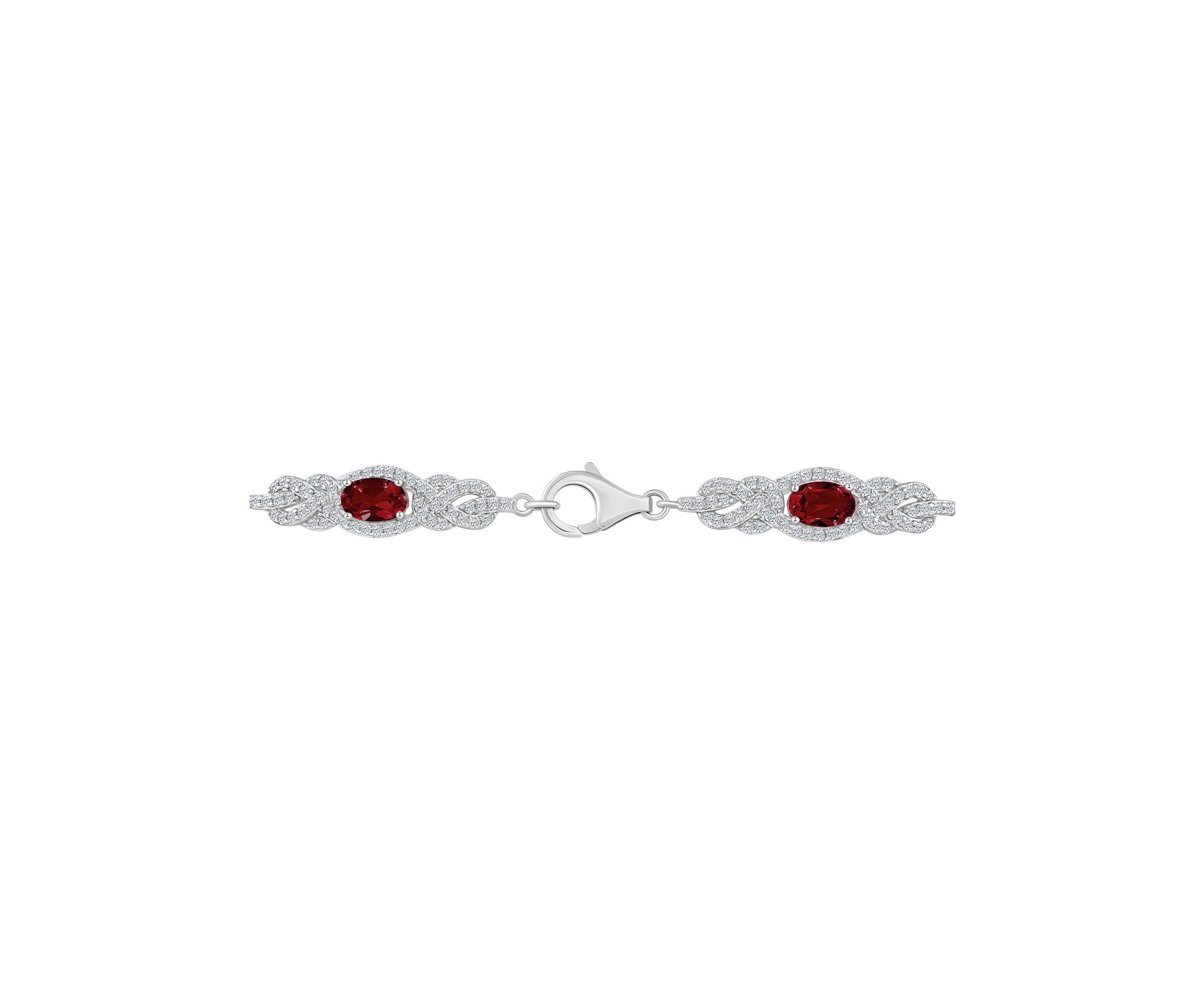 Sterling Silver 6x4mm Oval Garnet and White Topaz Accent Bracelet