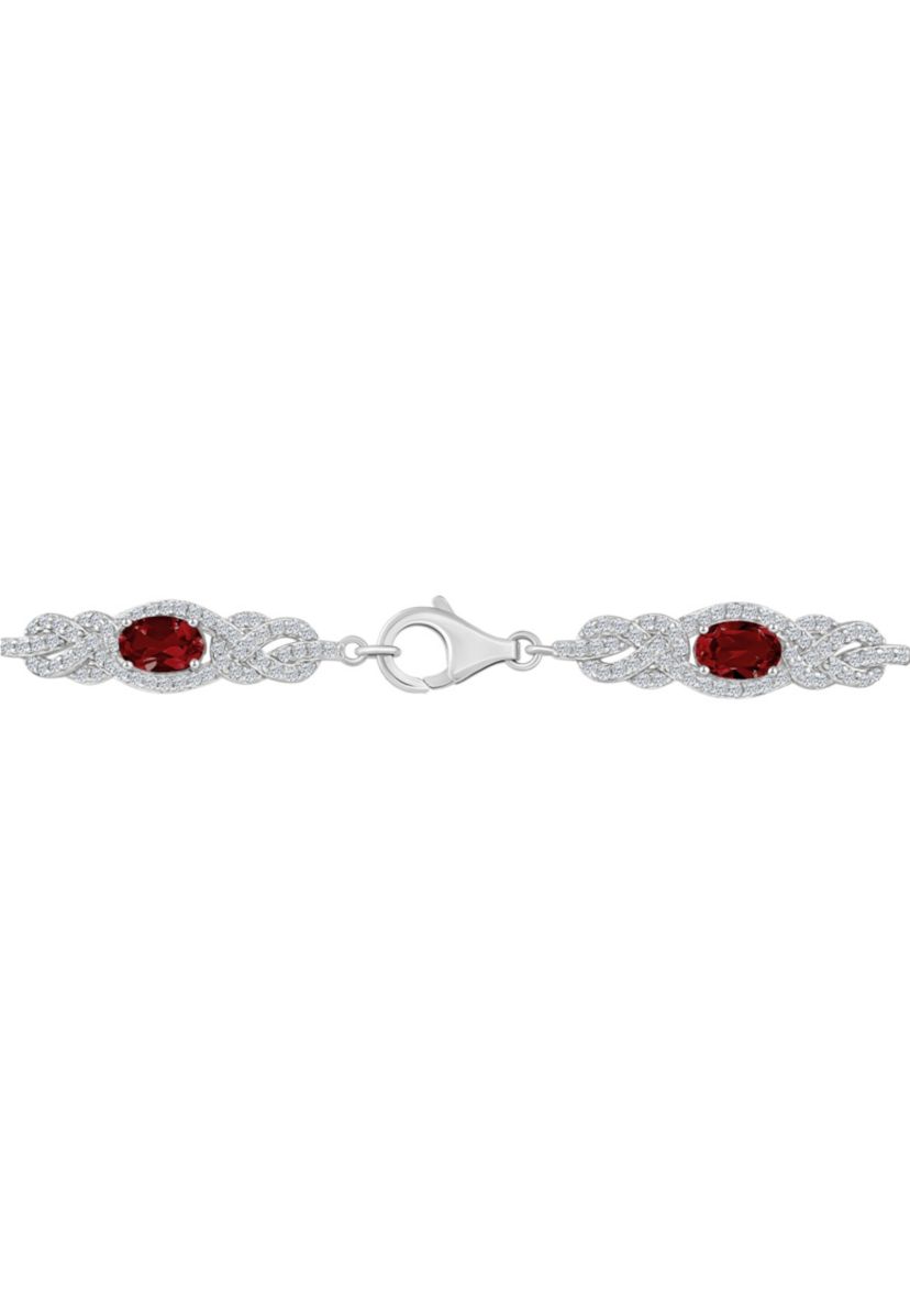 Sterling Silver 6x4mm Oval Garnet and White Topaz Accent Bracelet
