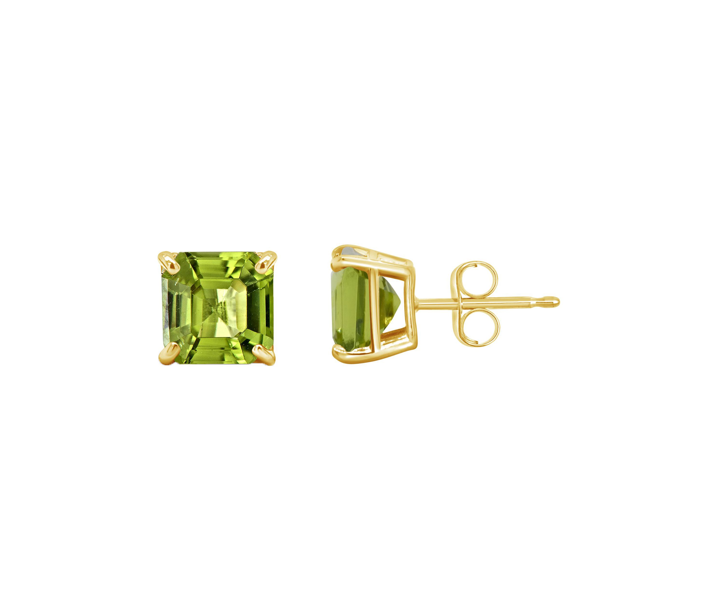 14K Yellow Gold 6mm Asscher Peridot Stud Earrings
