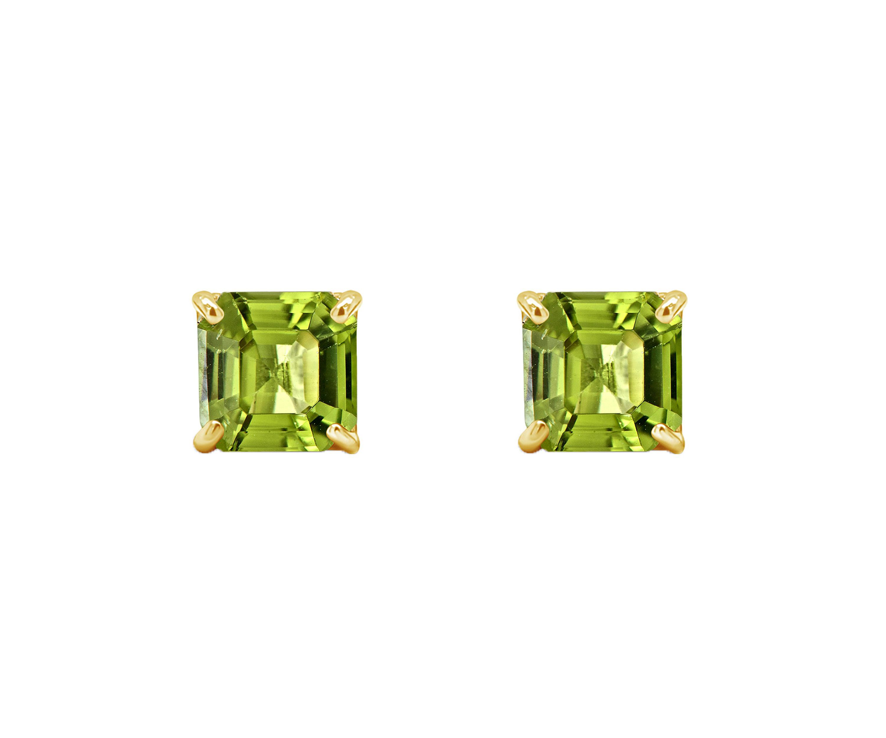 14K Yellow Gold 6mm Asscher Peridot Stud Earrings