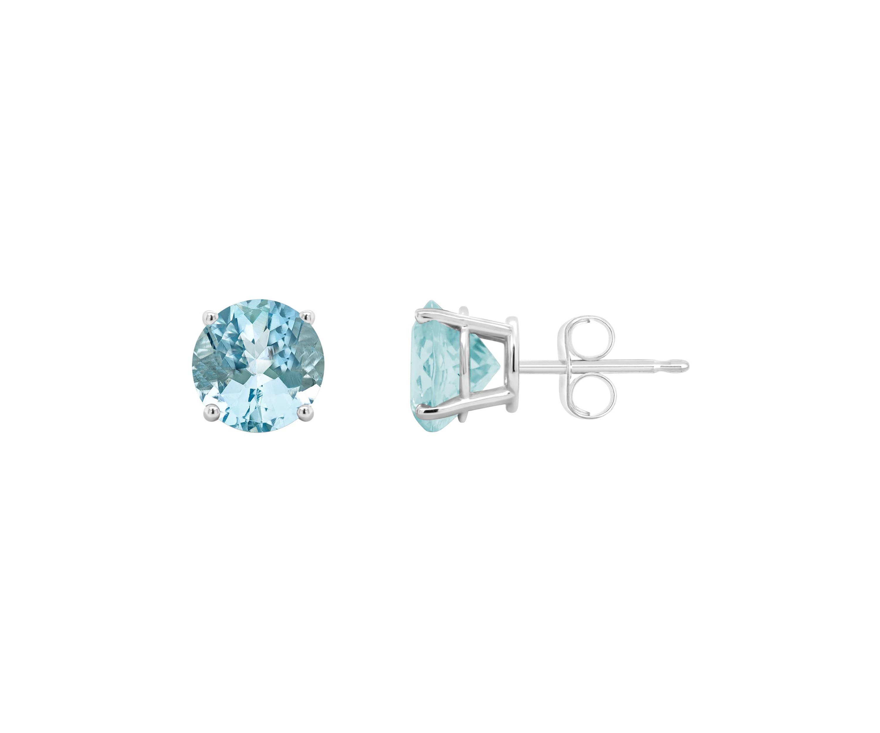 14K White Gold 7mm Round Aquamarine Stud Earrings