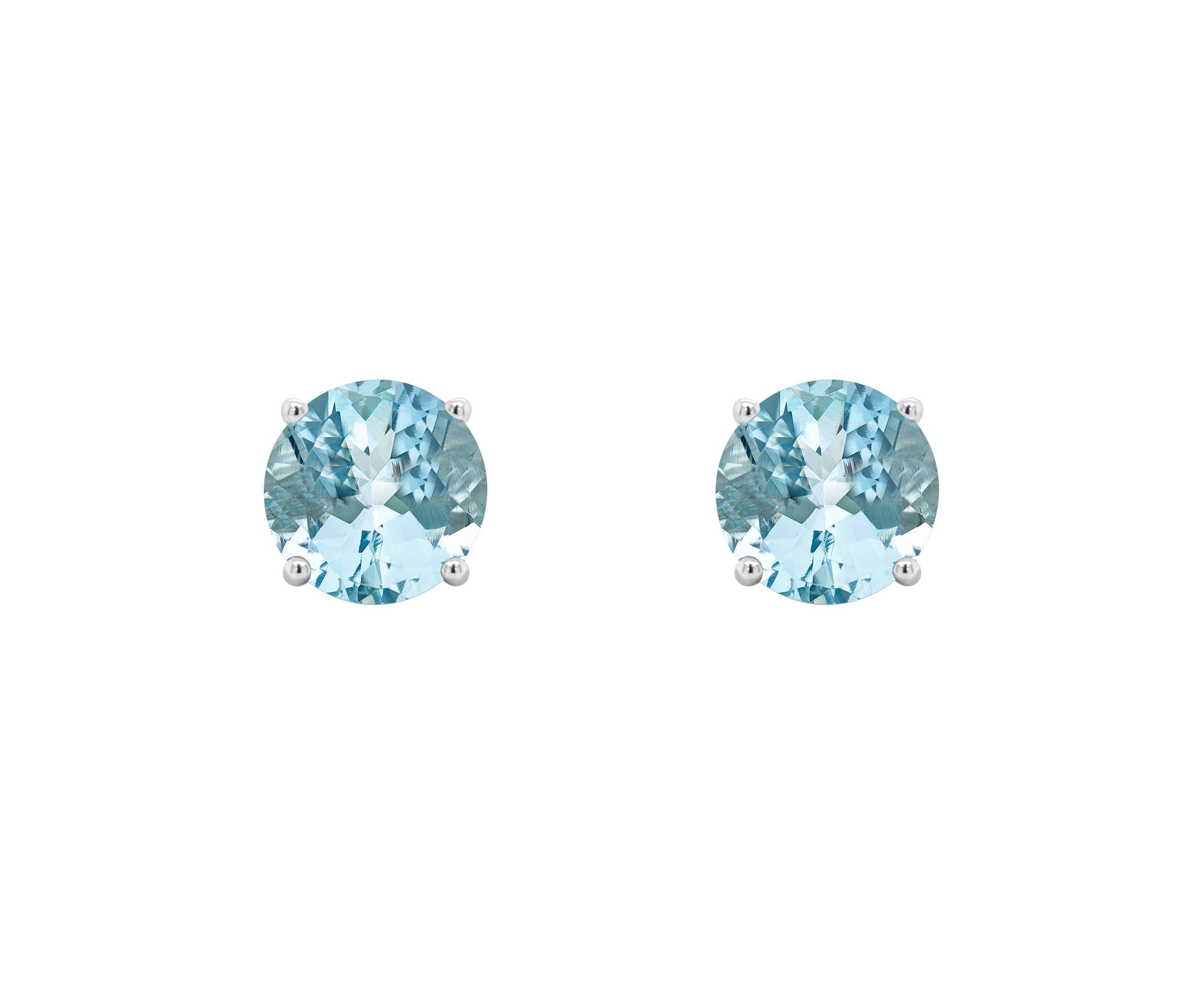 14K White Gold 7mm Round Aquamarine Stud Earrings
