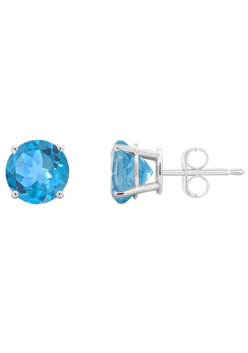14K White Gold 7mm Round Blue Topaz Stud Earrings