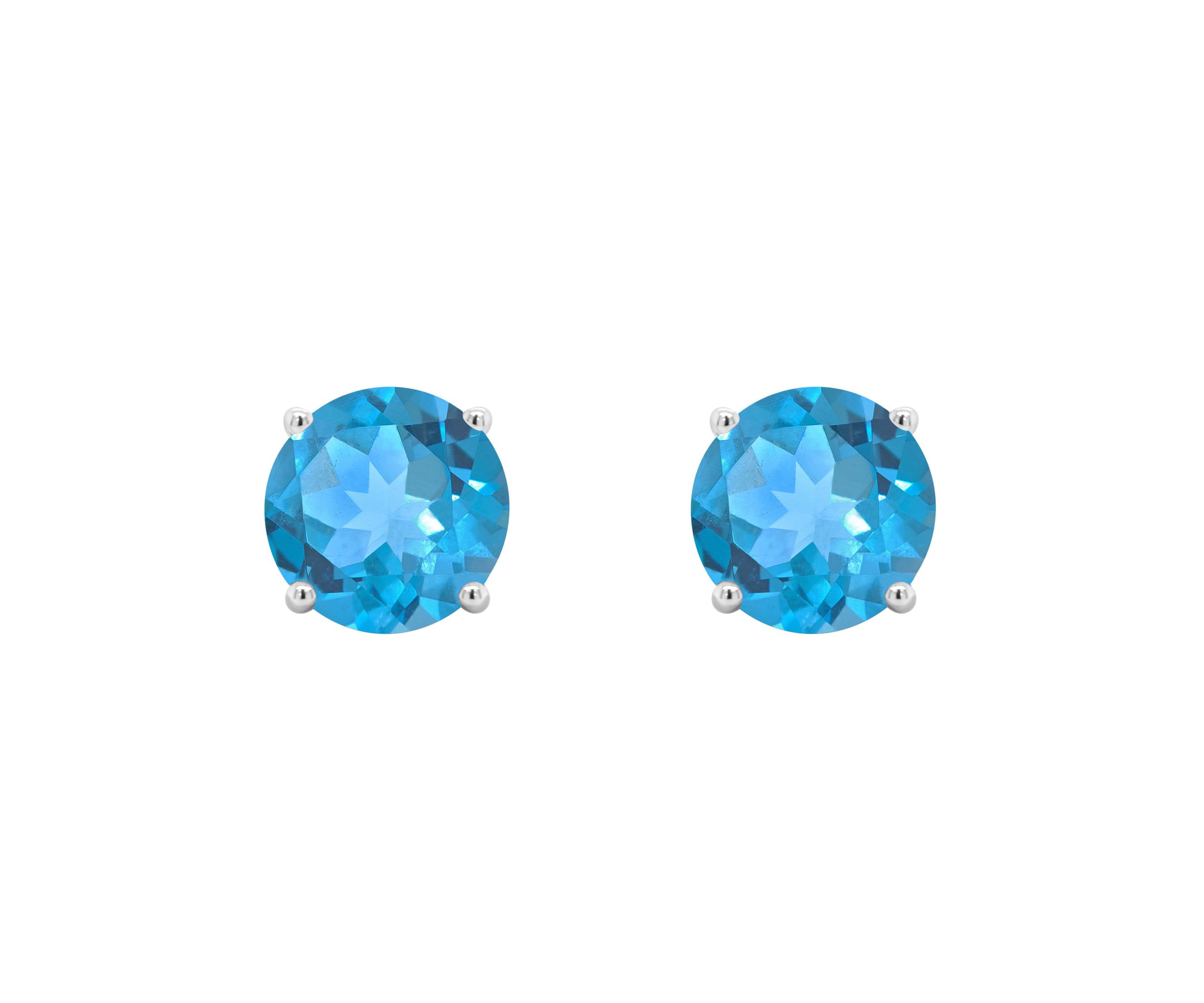 14K White Gold 7mm Round Blue Topaz Stud Earrings