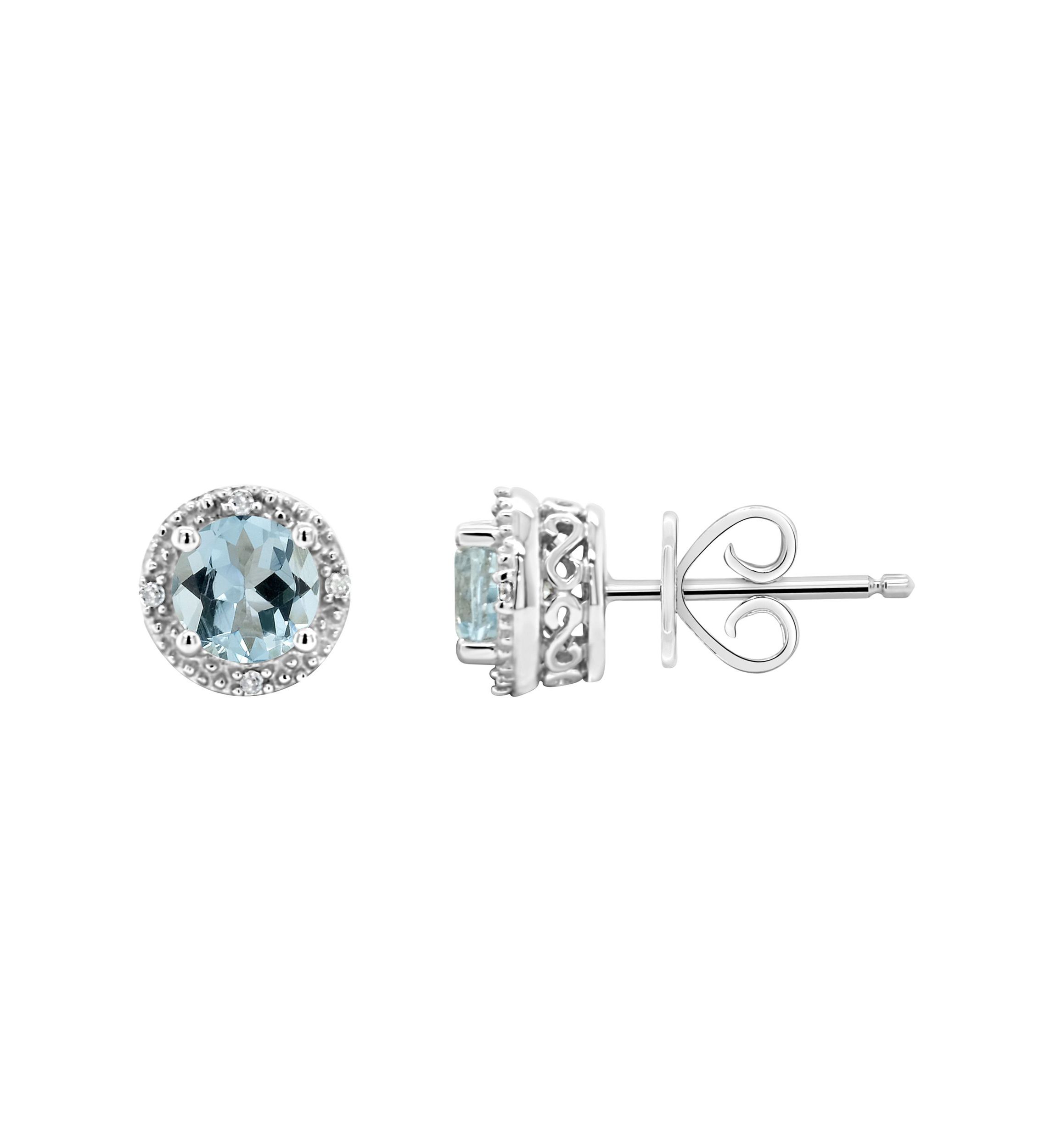 Sterling Silver 5mm Round Aquamarine Diamond Accent Halo Stud Earrings
