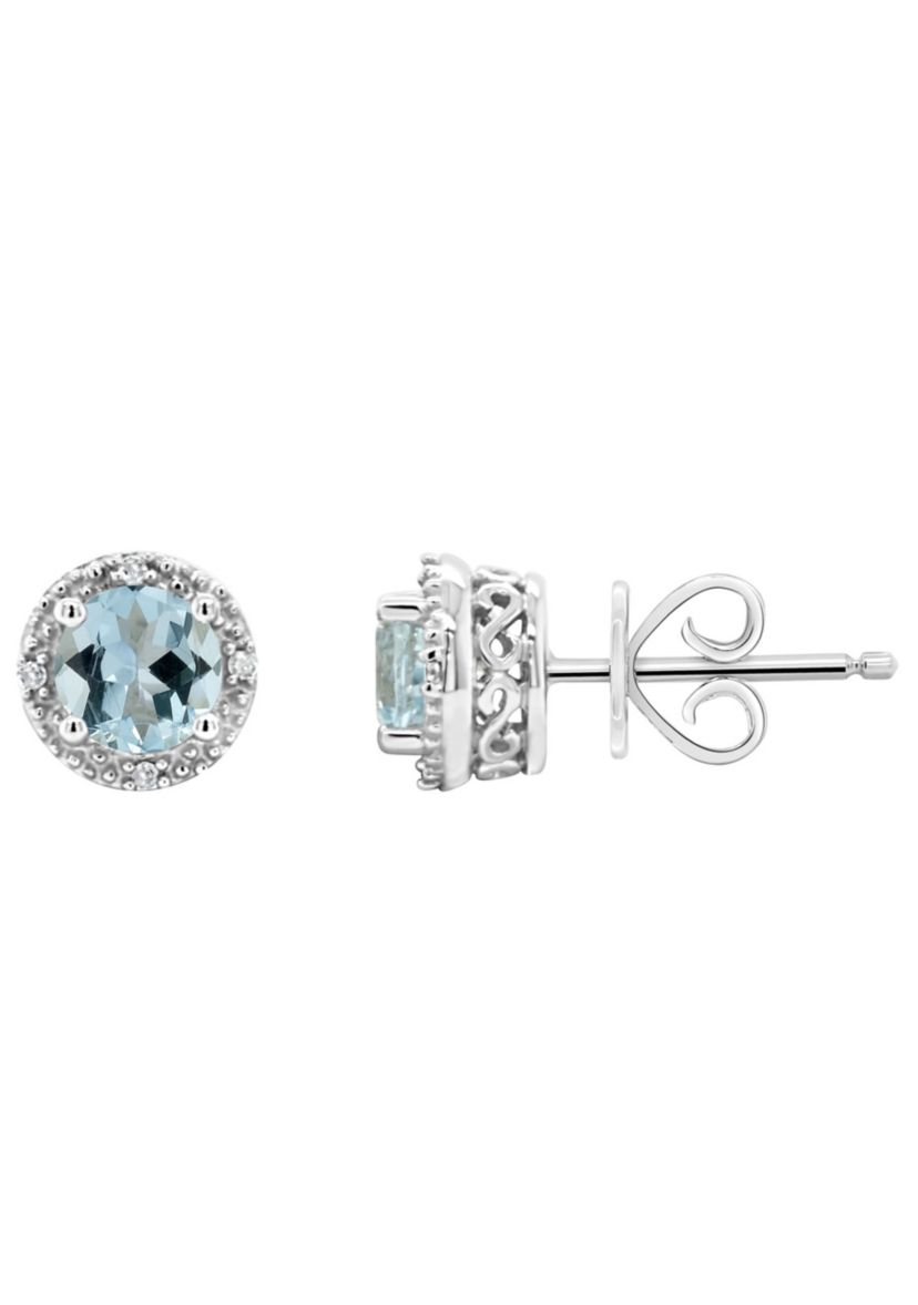 Sterling Silver 5mm Round Aquamarine Diamond Accent Halo Stud Earrings