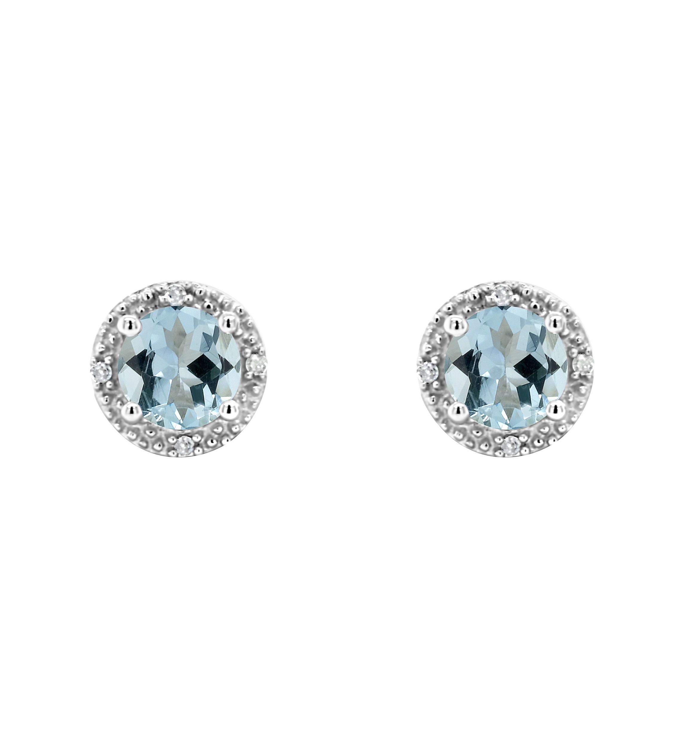 Sterling Silver 5mm Round Aquamarine Diamond Accent Halo Stud Earrings
