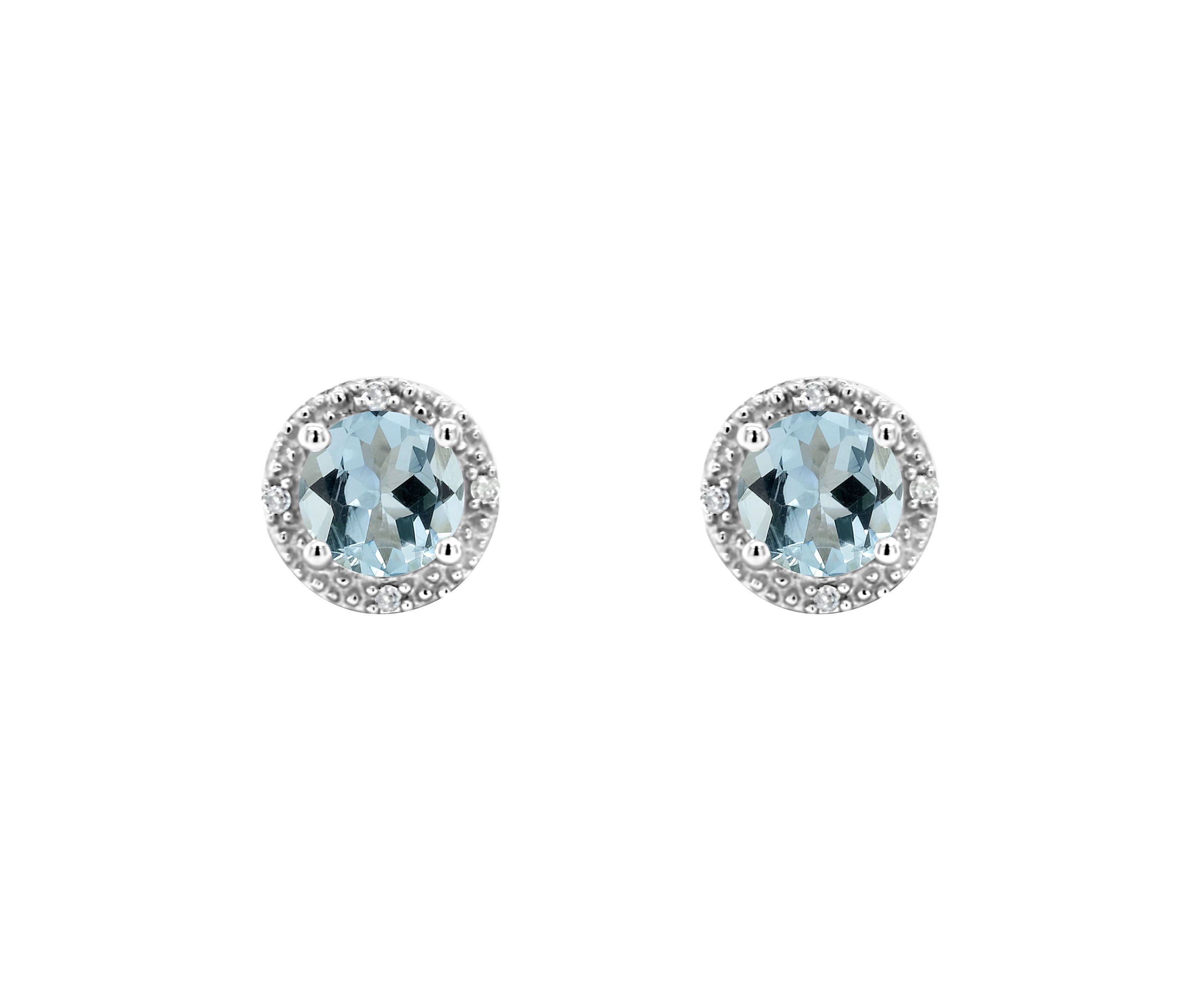Sterling Silver 5mm Round Aquamarine Diamond Accent Halo Stud Earrings