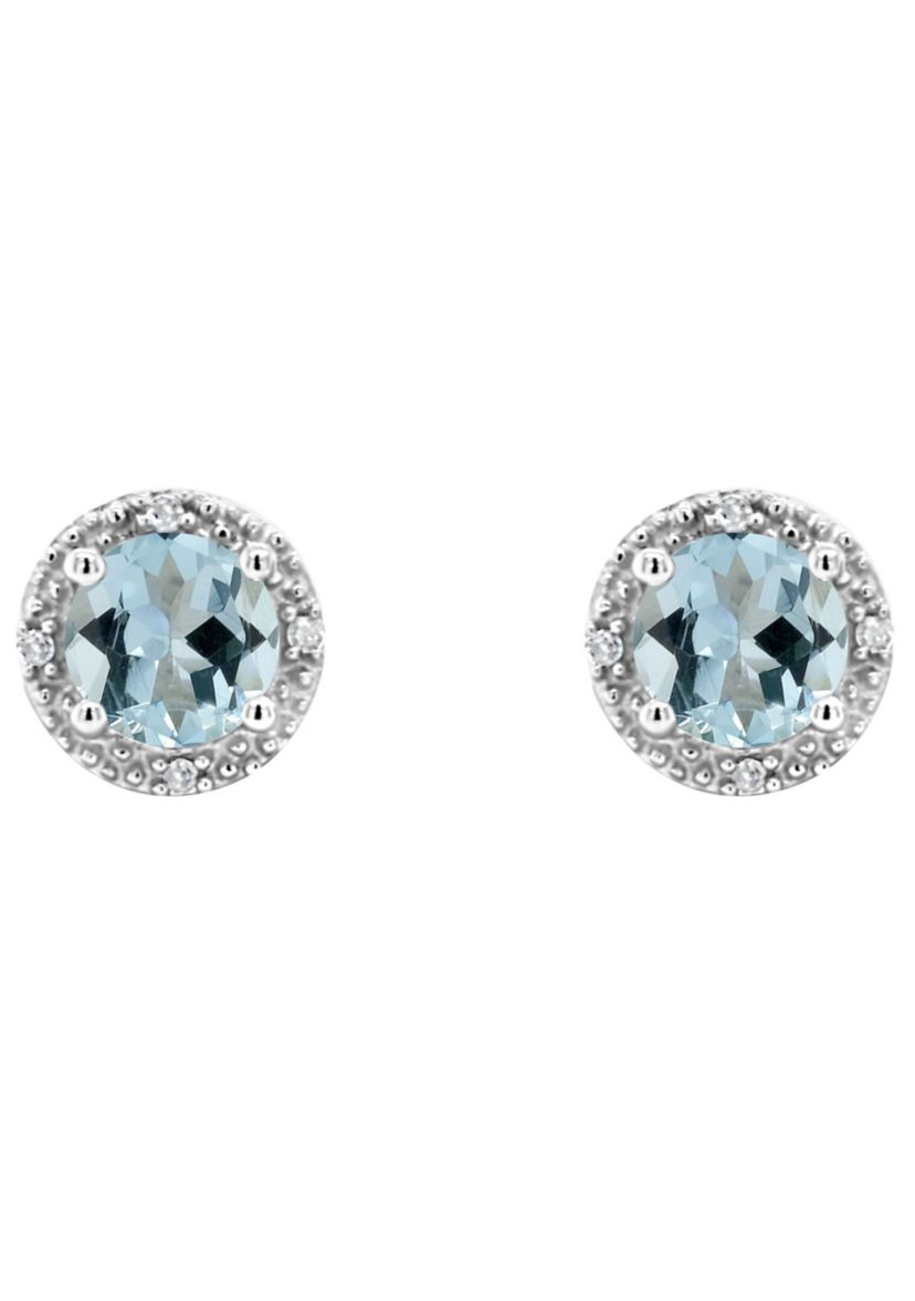 Sterling Silver 5mm Round Aquamarine Diamond Accent Halo Stud Earrings