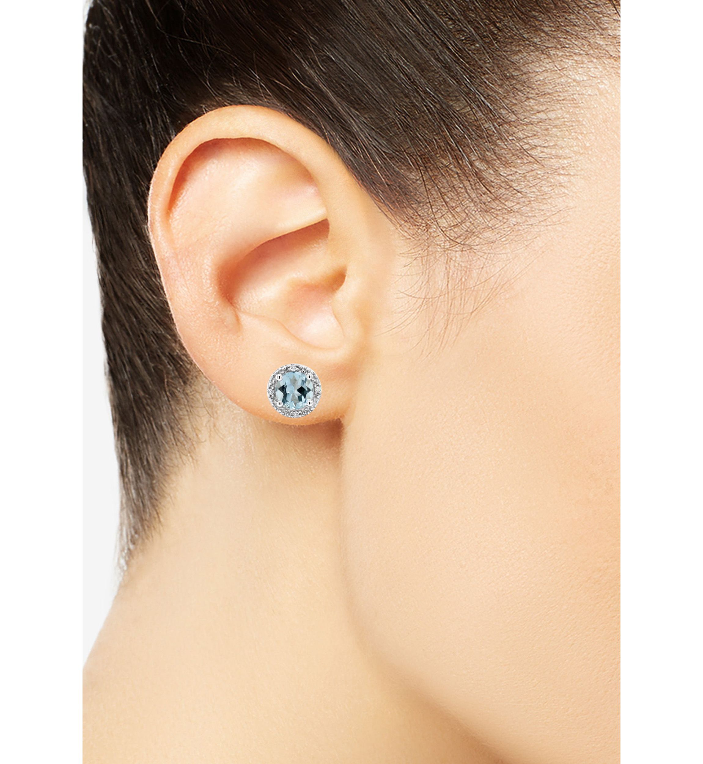 Sterling Silver 5mm Round Aquamarine Diamond Accent Halo Stud Earrings