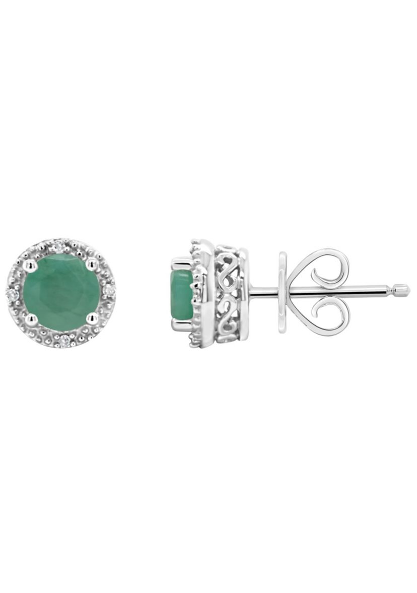 Sterling Silver 5mm Round Emerald Diamond Accent Halo Stud Earrings