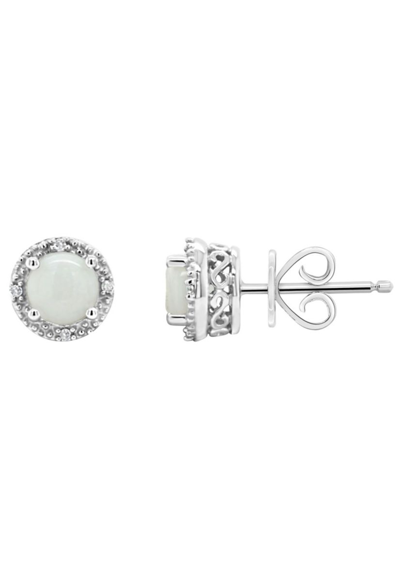 Sterling Silver 5mm Round Opal Diamond Accent Halo Stud Earrings