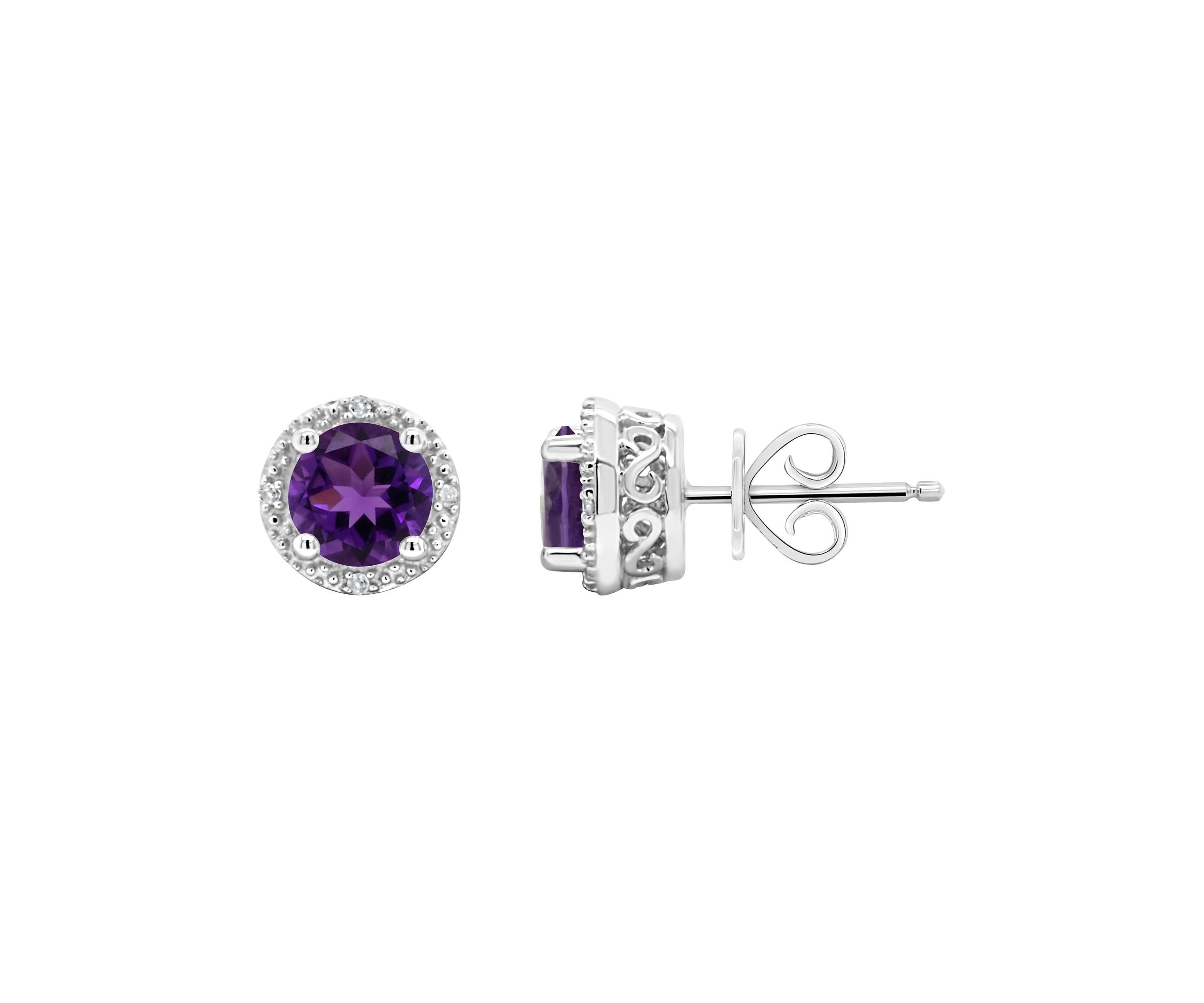 Sterling Silver 6mm Round Amethyst Diamond Accent Halo Stud Earrings