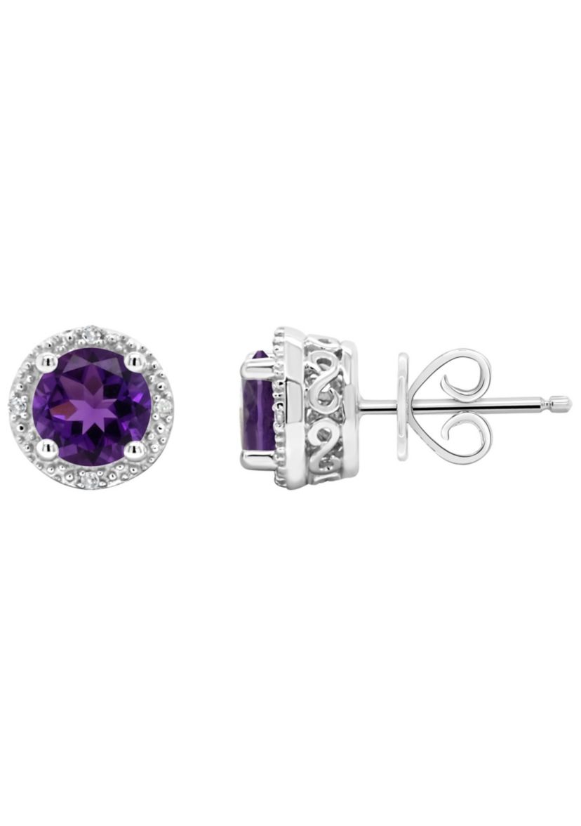 Sterling Silver 6mm Round Amethyst Diamond Accent Halo Stud Earrings