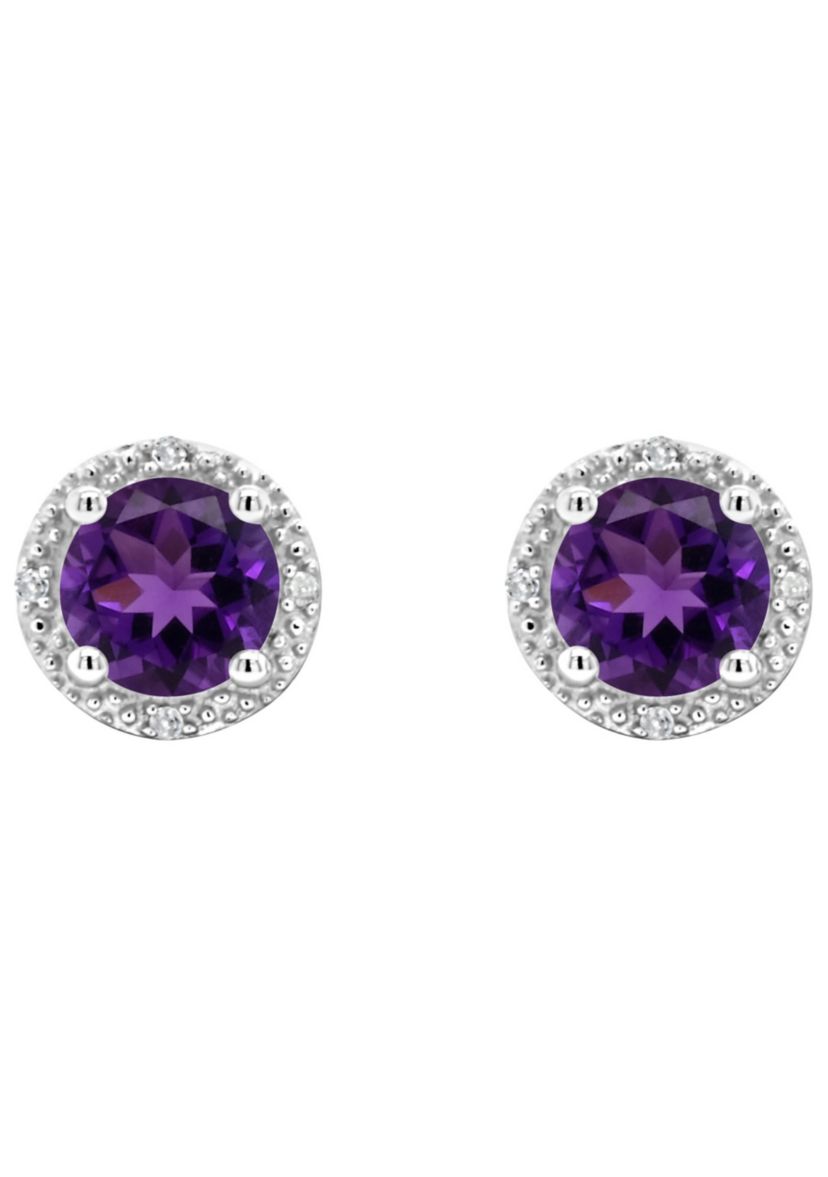 Sterling Silver 6mm Round Amethyst Diamond Accent Halo Stud Earrings
