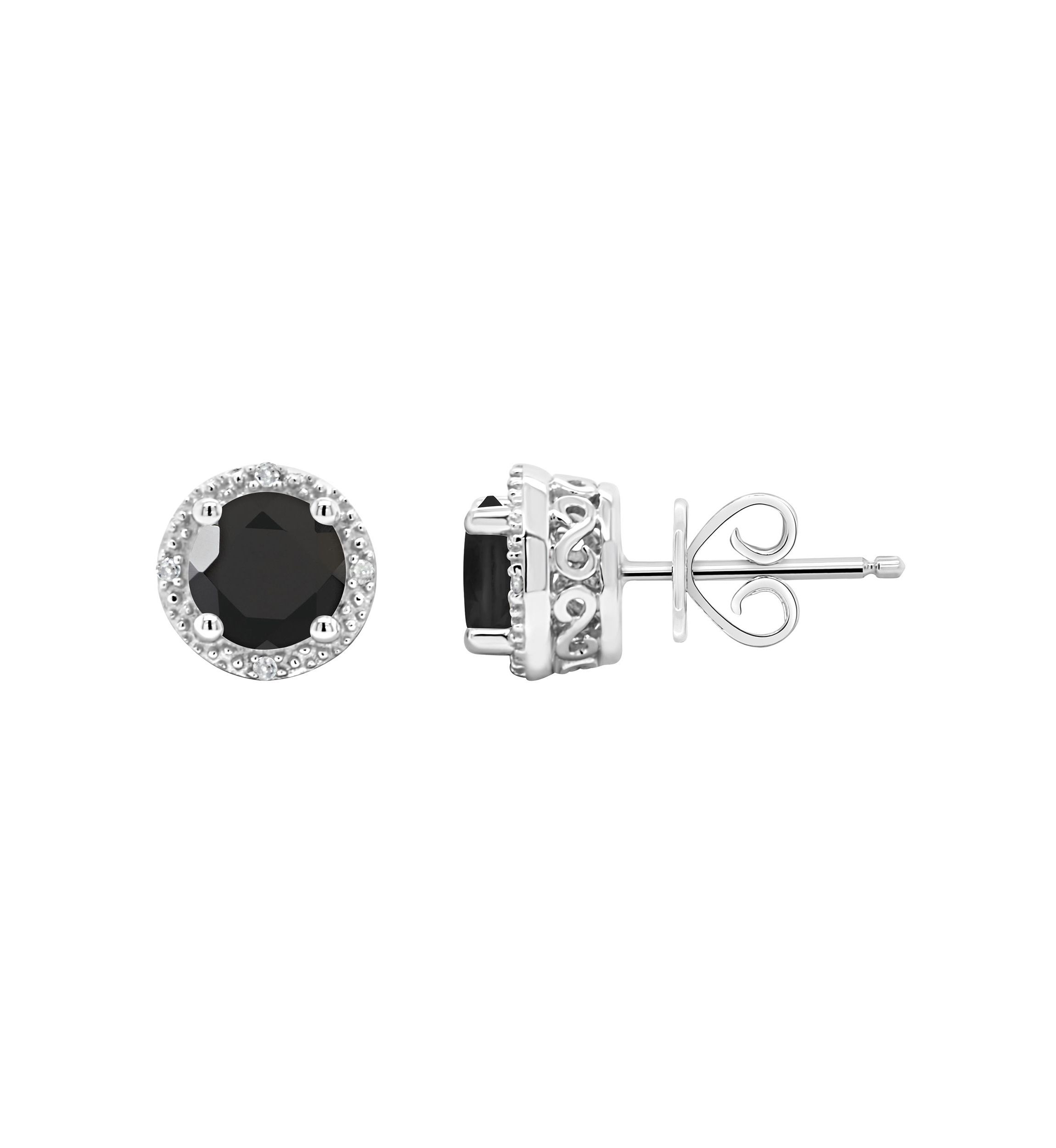 Sterling Silver 6mm Round Black Agate Diamond Accent Halo Stud Earrings
