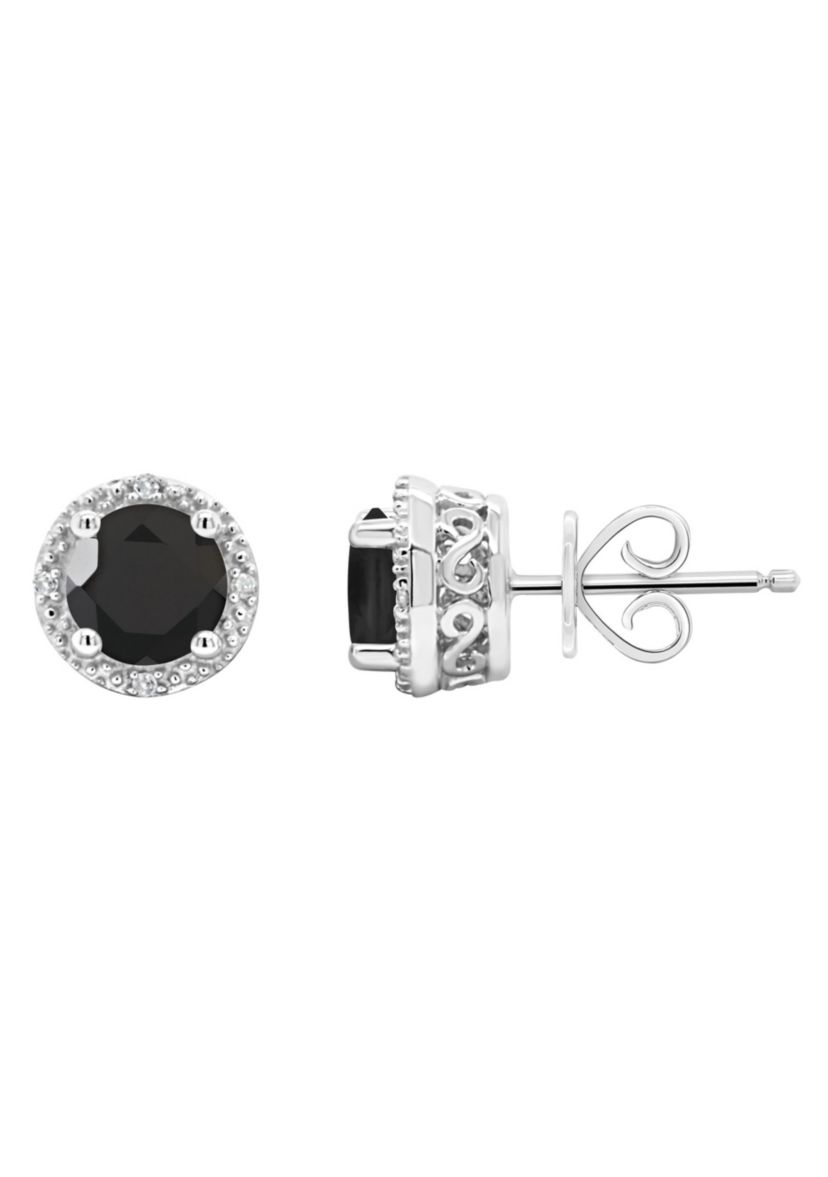 Sterling Silver 6mm Round Black Agate Diamond Accent Halo Stud Earrings