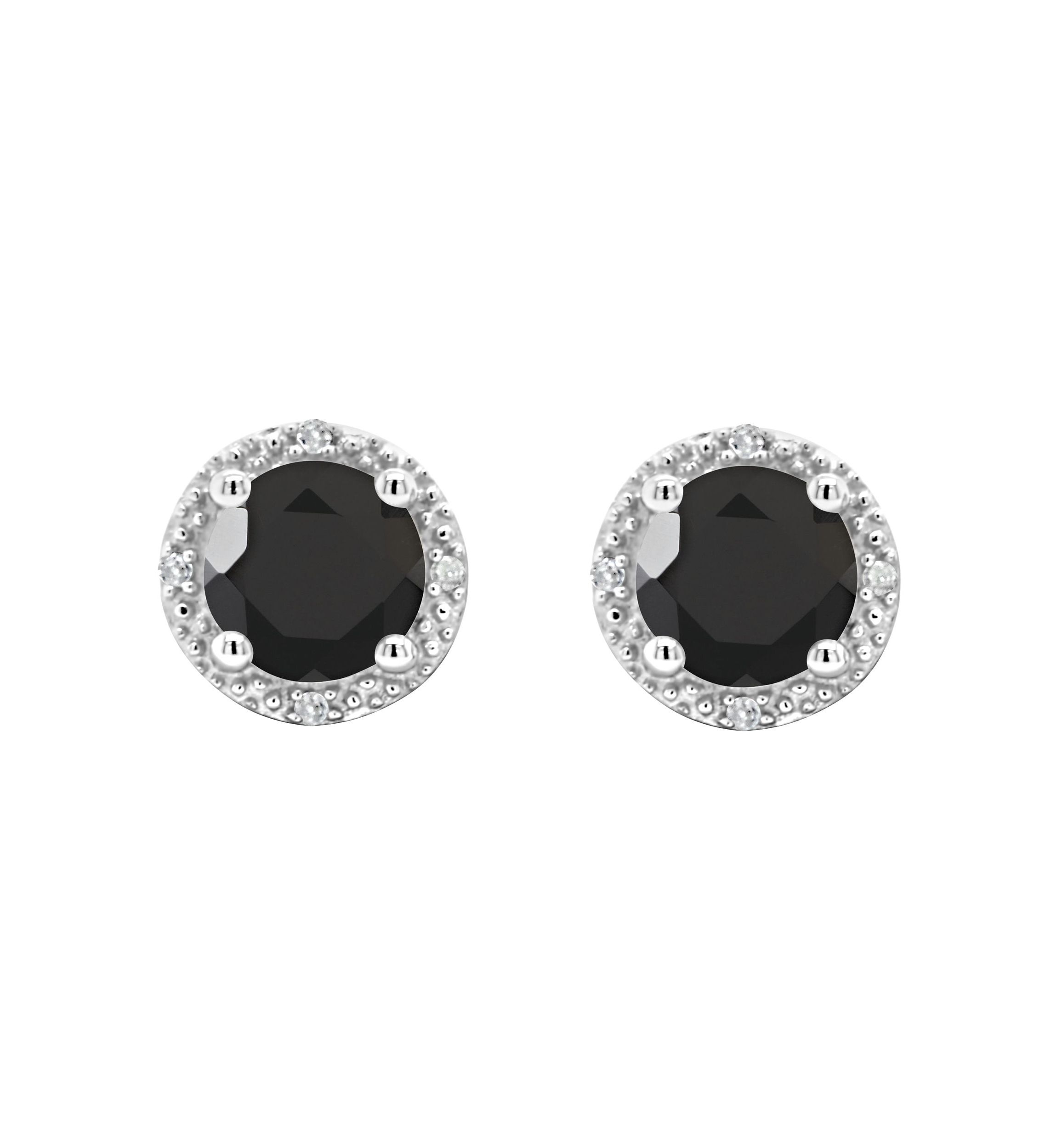 Sterling Silver 6mm Round Black Agate Diamond Accent Halo Stud Earrings