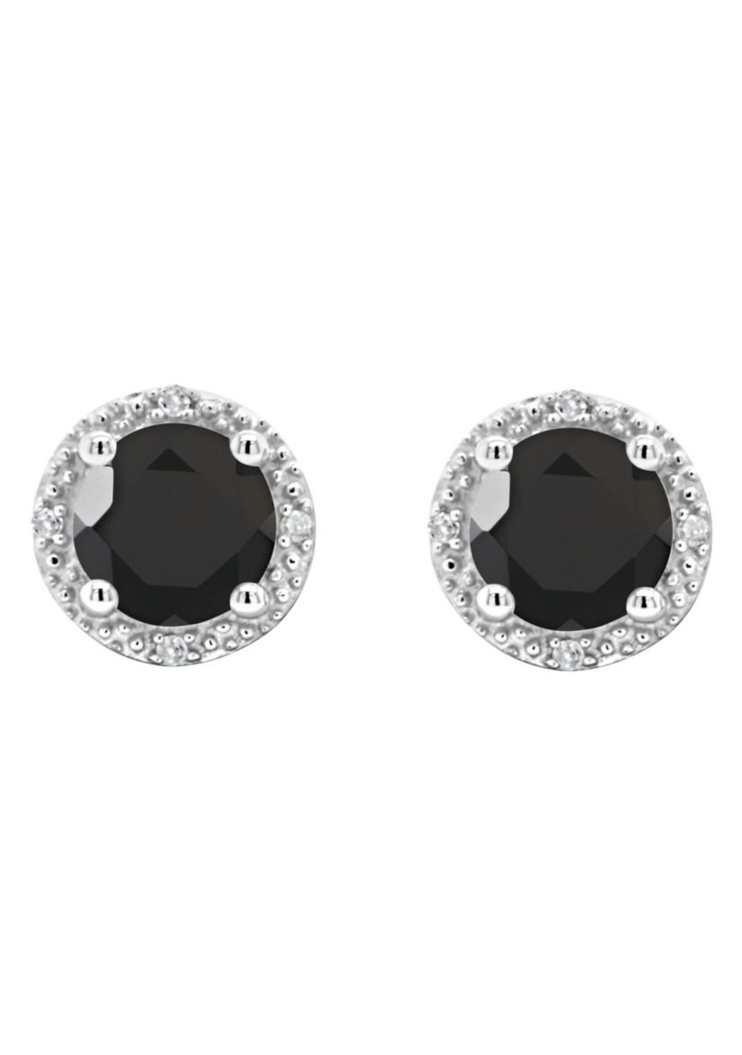 Sterling Silver 6mm Round Black Agate Diamond Accent Halo Stud Earrings