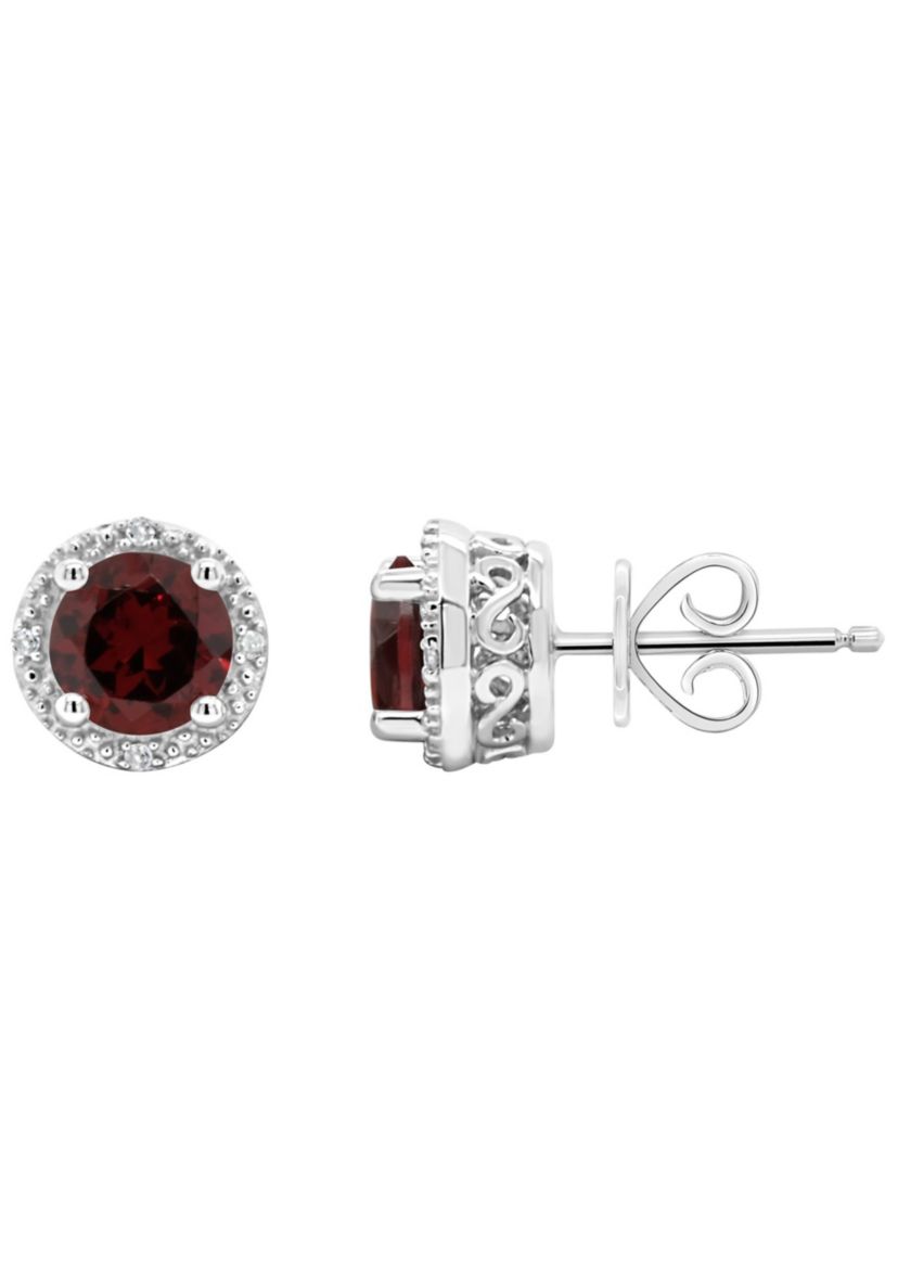 Sterling Silver 6mm Round Garnet Diamond Accent Halo Stud Earrings