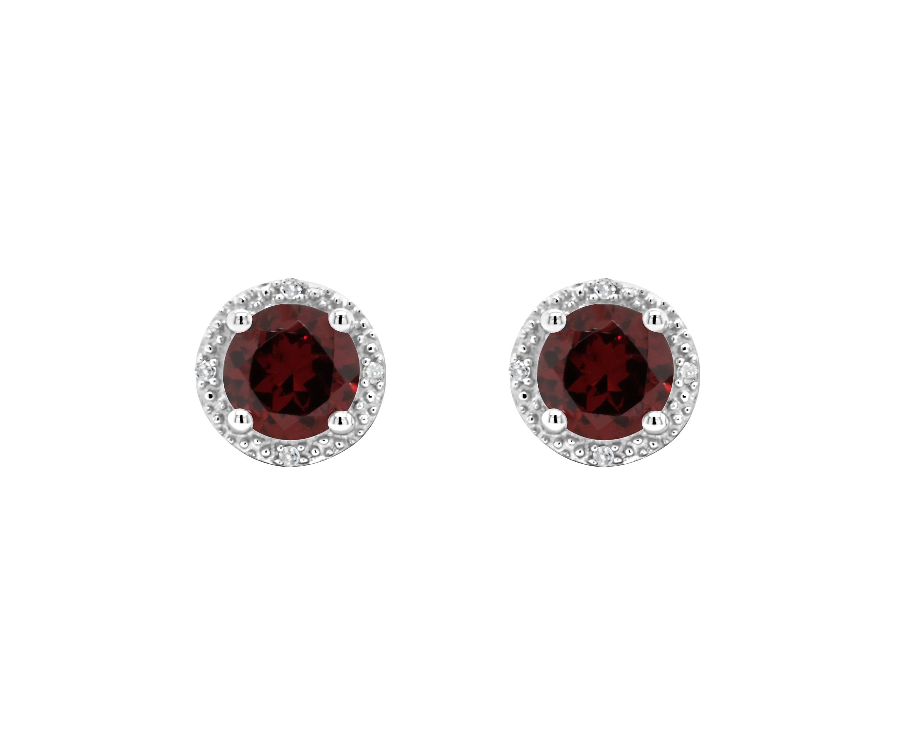 Sterling Silver 6mm Round Garnet Diamond Accent Halo Stud Earrings