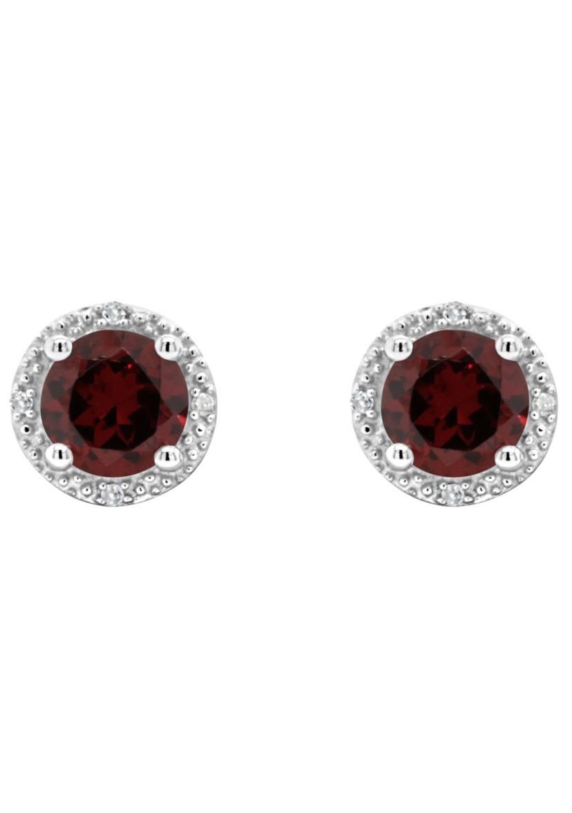Sterling Silver 6mm Round Garnet Diamond Accent Halo Stud Earrings