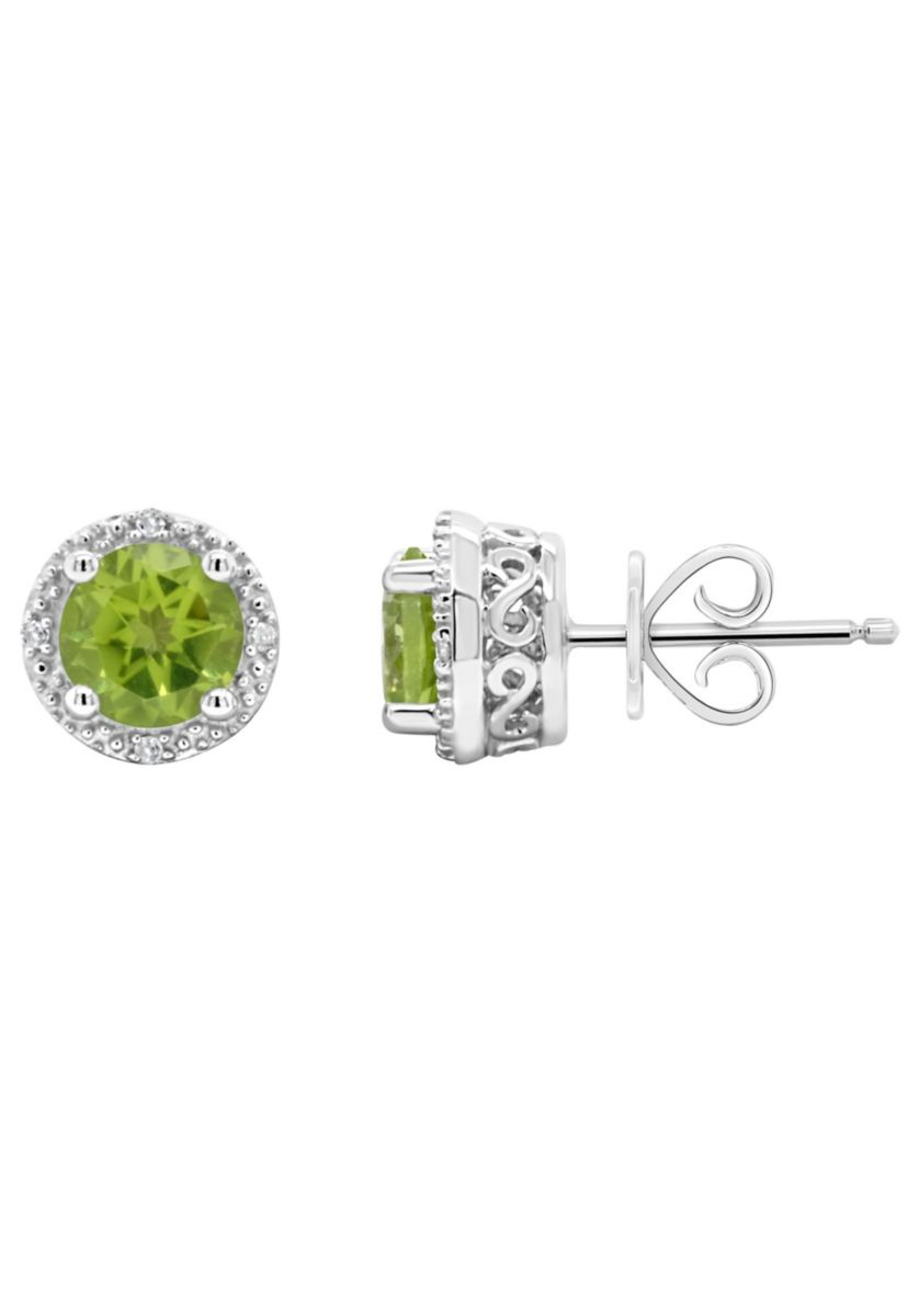 Sterling Silver 6mm Round Peridot Diamond Accent Halo Stud Earrings