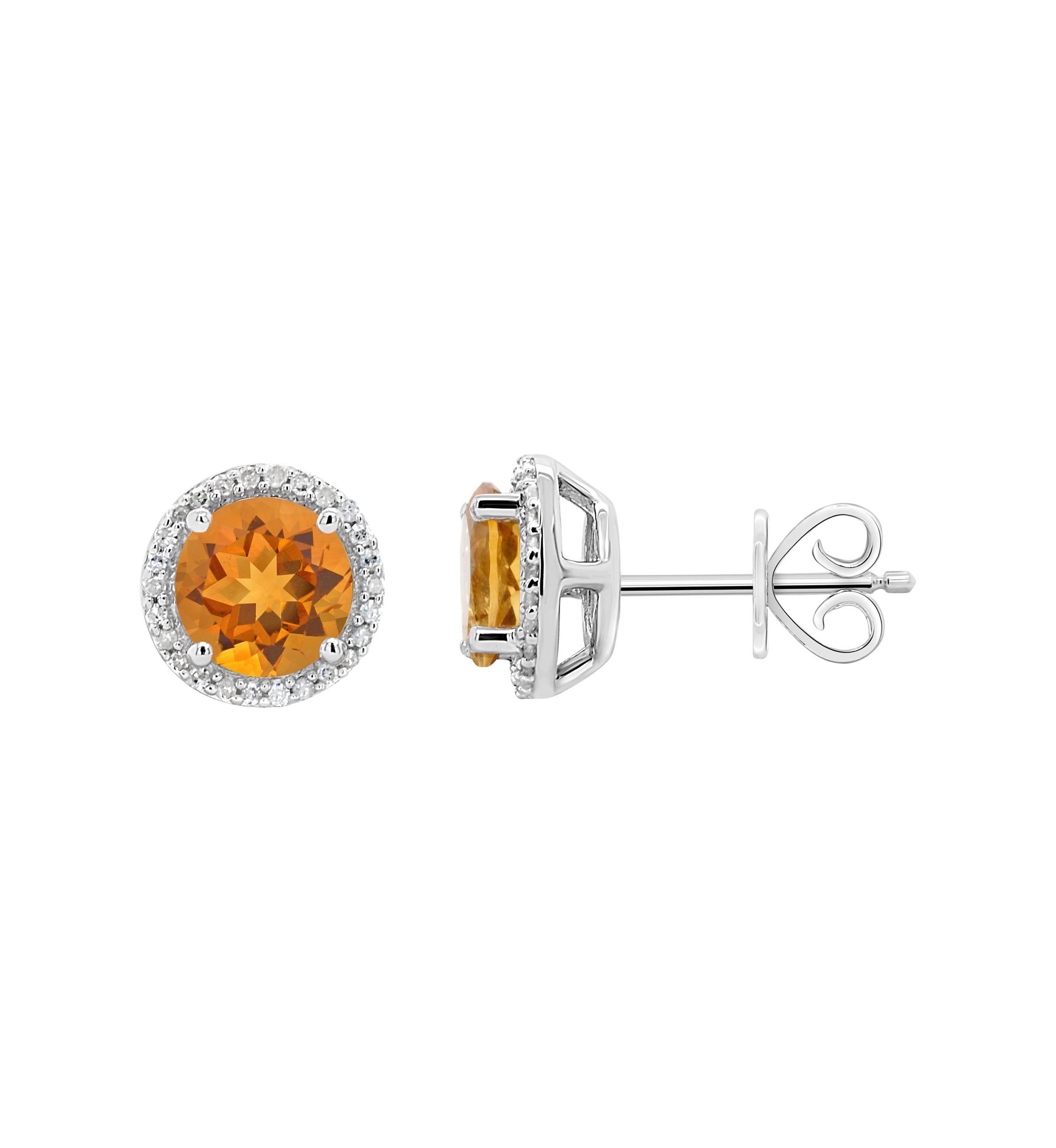 Sterling Silver 7mm Round Citrine 1/6 CTTW Diamond Halo Stud Earrings