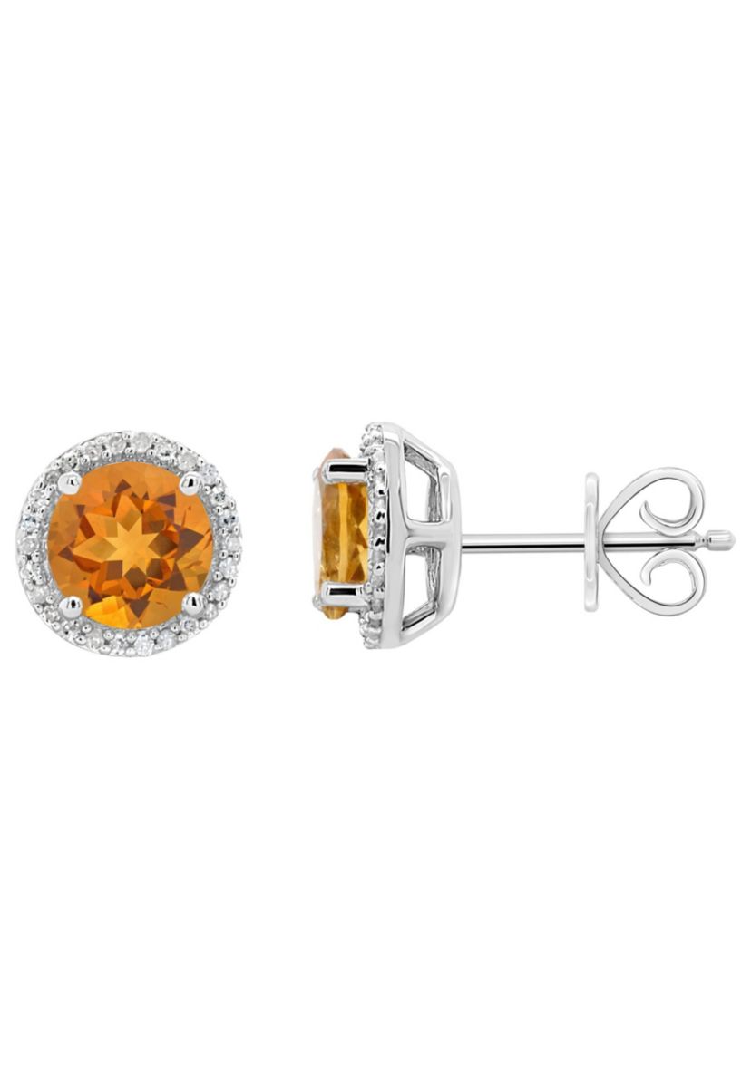 Sterling Silver 7mm Round Citrine 1/6 CTTW Diamond Halo Stud Earrings