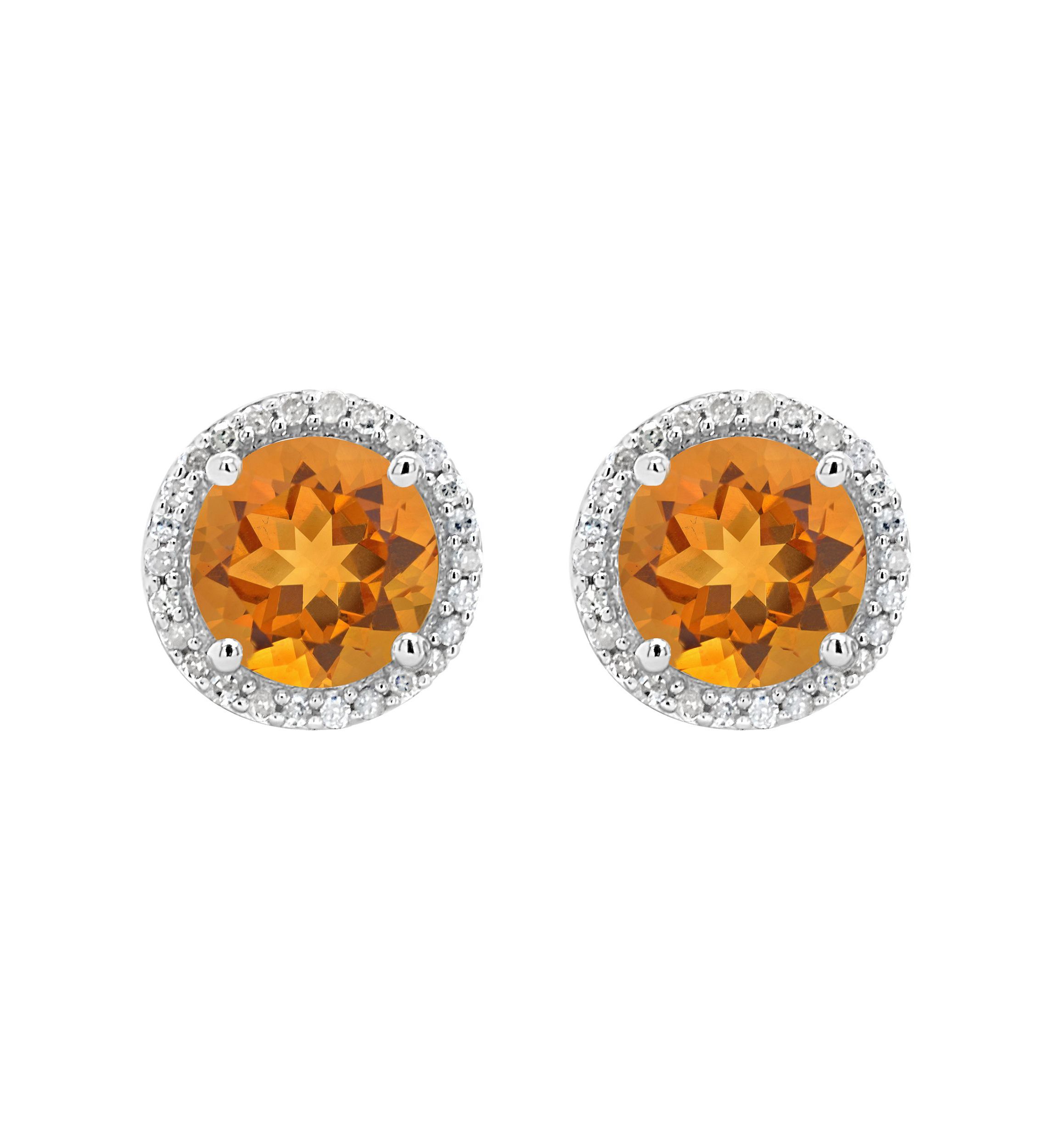 Sterling Silver 7mm Round Citrine 1/6 CTTW Diamond Halo Stud Earrings