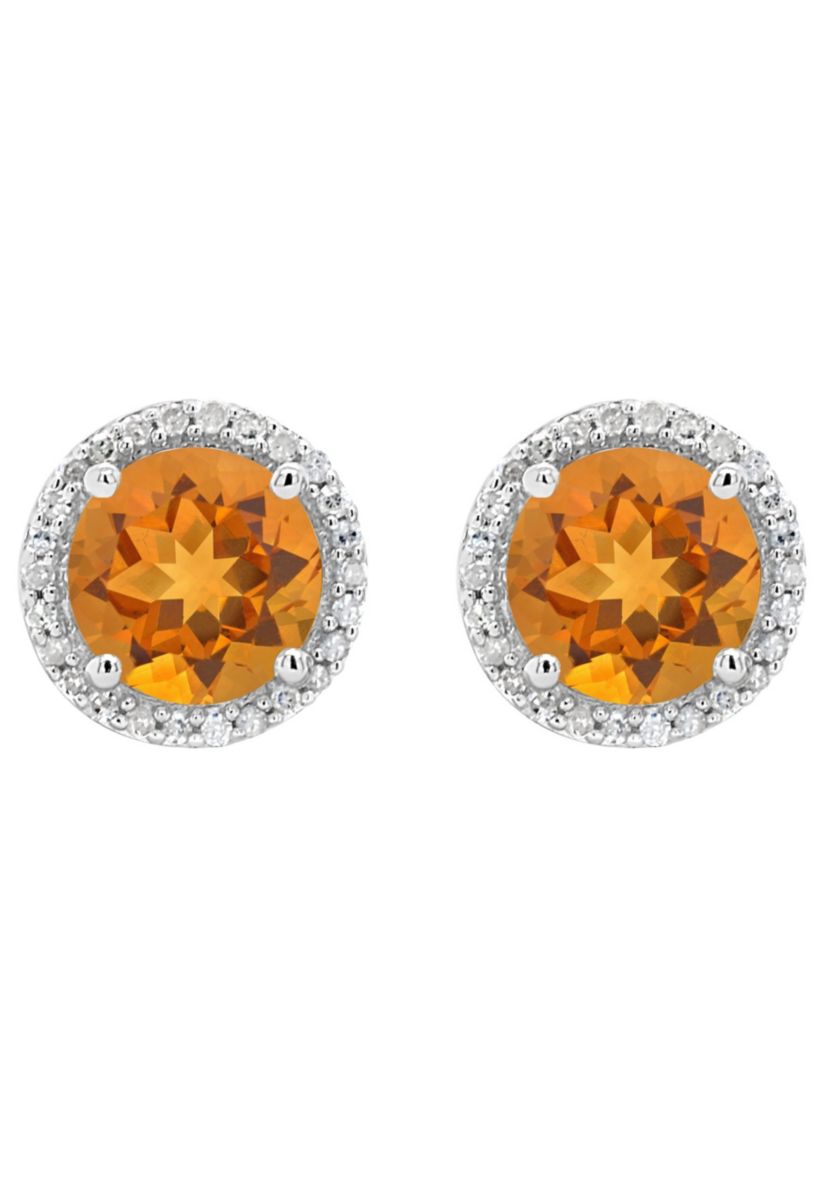 Sterling Silver 7mm Round Citrine 1/6 CTTW Diamond Halo Stud Earrings