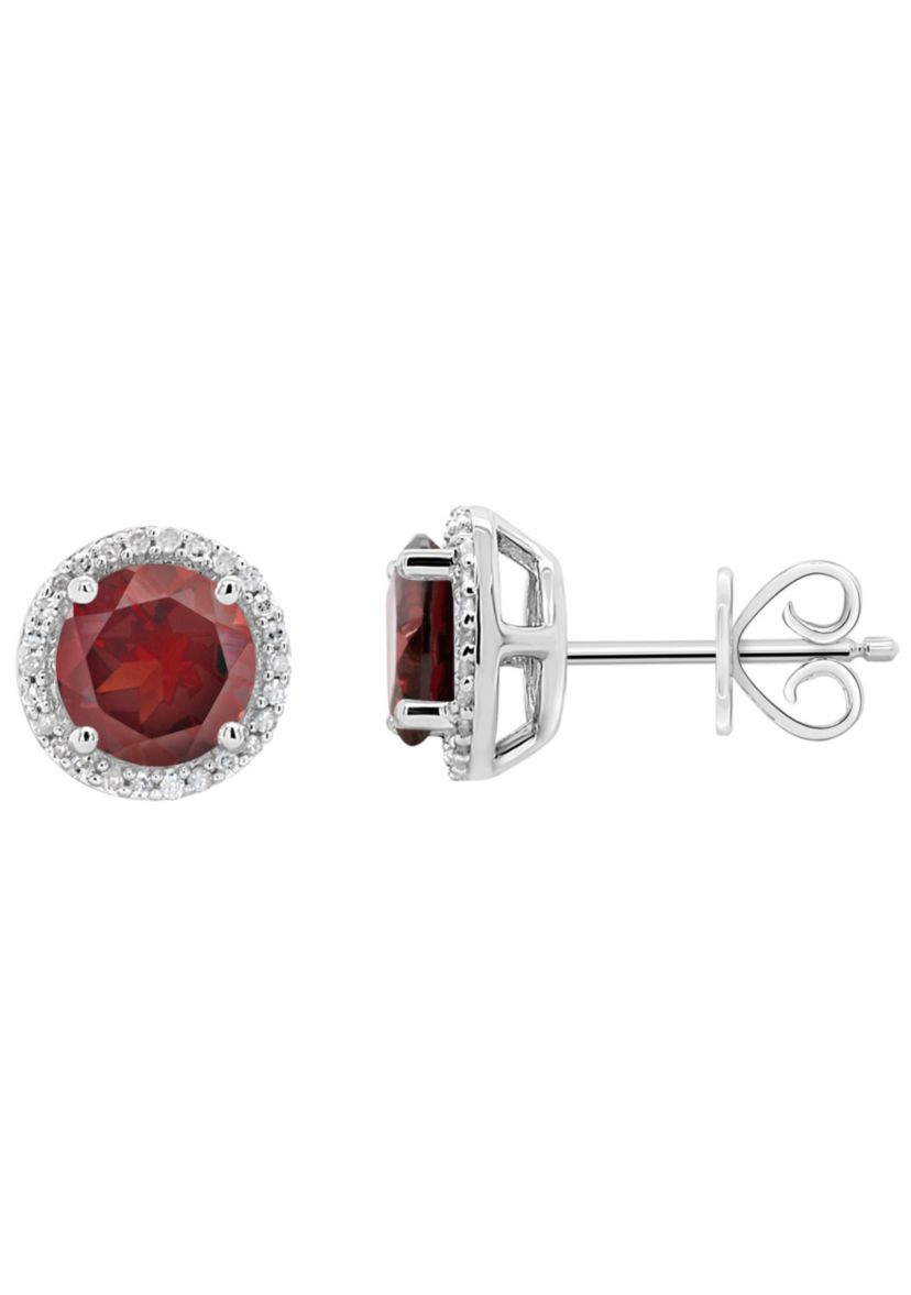 Sterling Silver 7mm Round Garnet 1/6 CTTW Diamond Halo Stud Earrings
