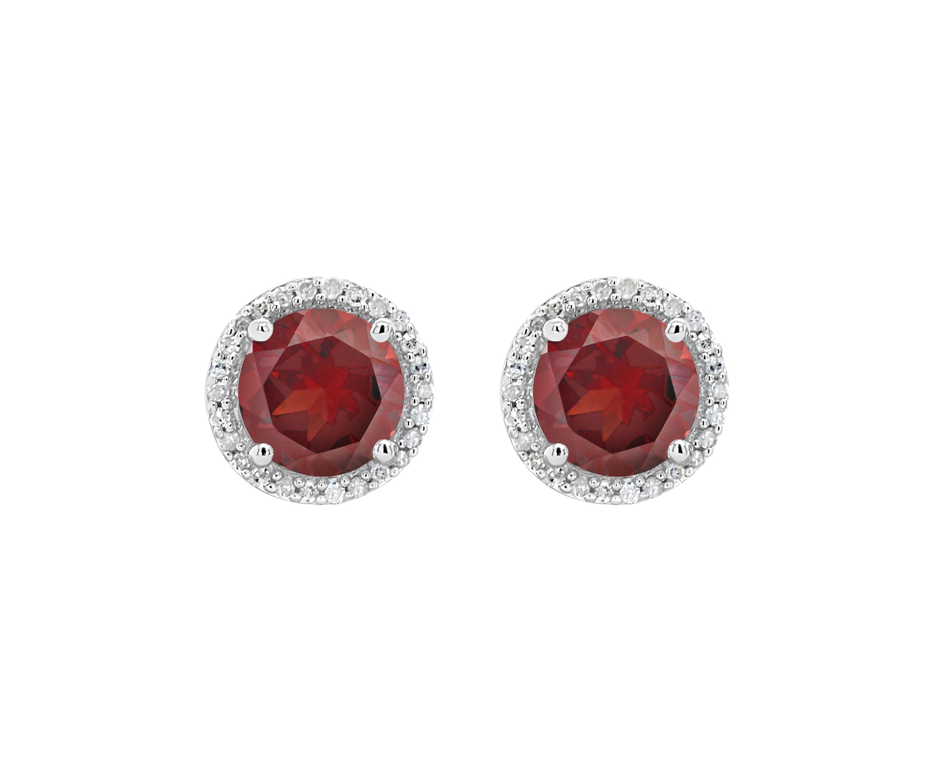 Sterling Silver 7mm Round Garnet 1/6 CTTW Diamond Halo Stud Earrings
