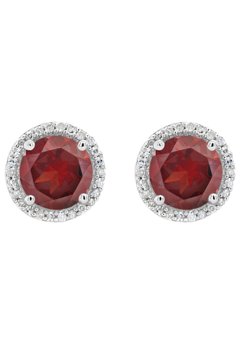 Sterling Silver 7mm Round Garnet 1/6 CTTW Diamond Halo Stud Earrings