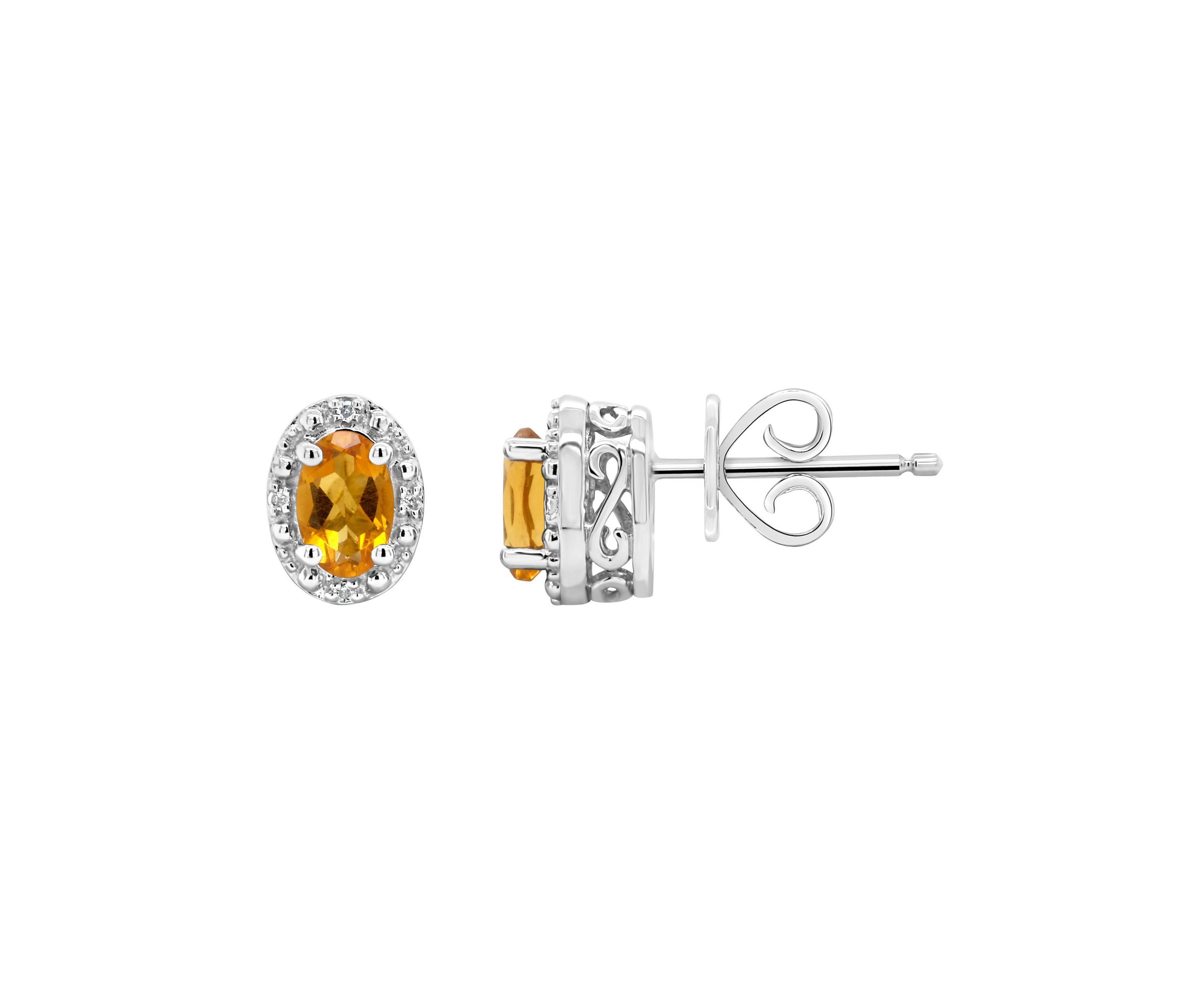 Sterling Silver 6x4mm Oval Citrine Diamond Accent Halo Stud Earrings