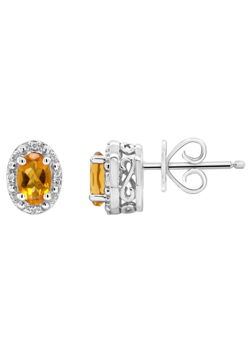 Sterling Silver 6x4mm Oval Citrine Diamond Accent Halo Stud Earrings