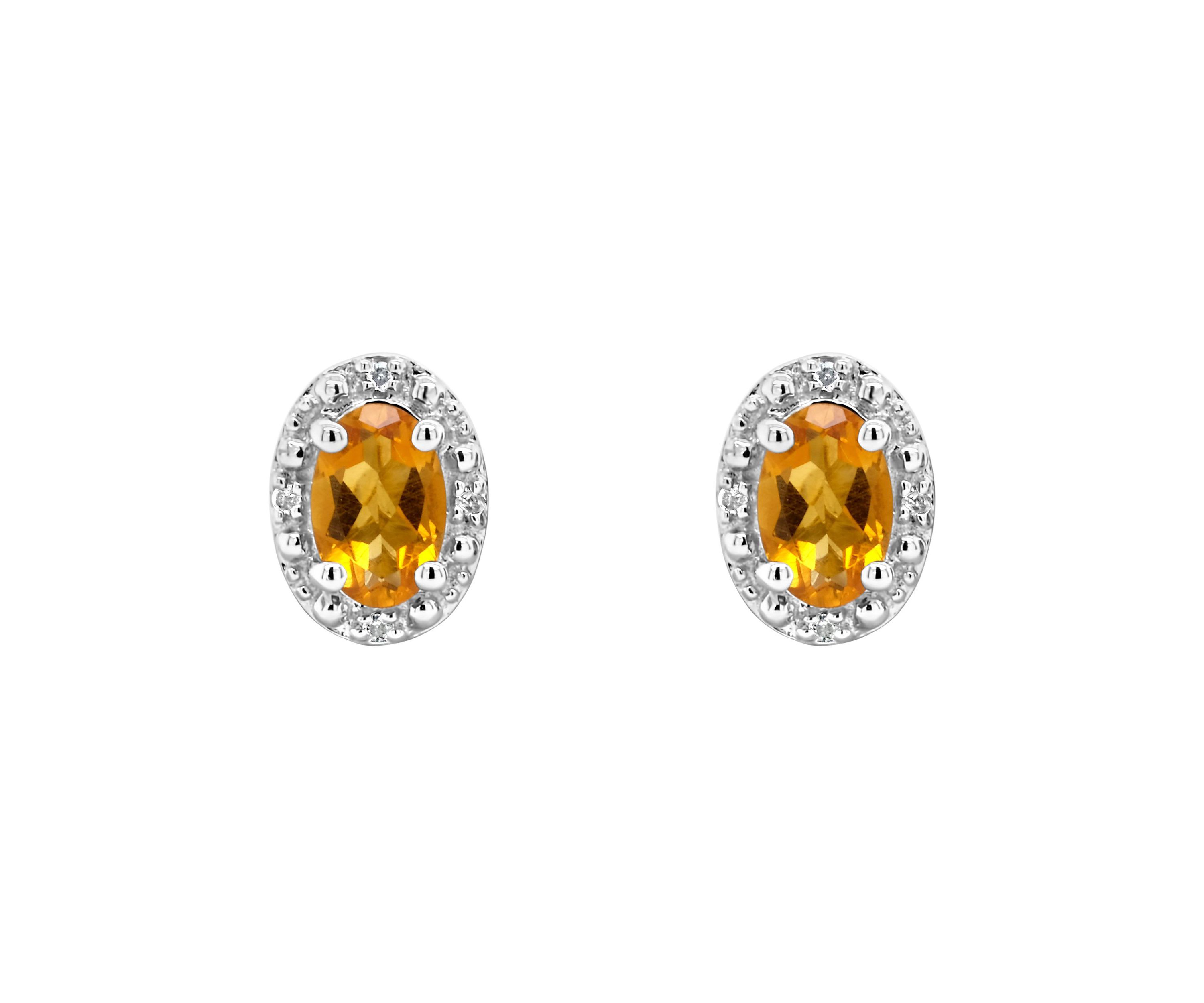 Sterling Silver 6x4mm Oval Citrine Diamond Accent Halo Stud Earrings