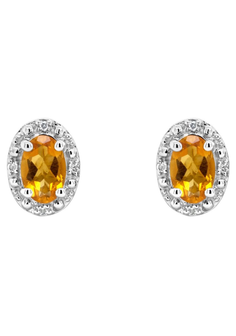 Sterling Silver 6x4mm Oval Citrine Diamond Accent Halo Stud Earrings