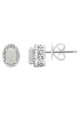 Belk & Co Sterling Silver 6x4mm Oval Opal Diamond Accent Halo Stud Earrings -  0848138021159