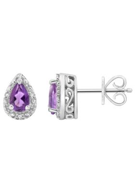 Belk & Co Sterling Silver 6x4mm Pear Shaped Gemstone Diamond Accent Halo Stud Earrings