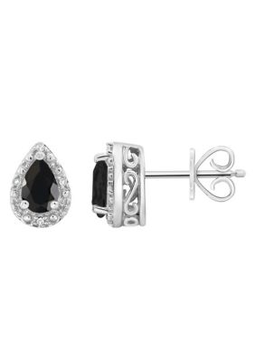 Belk & Co Sterling Silver 6x4mm Pear Shaped Gemstone Diamond Accent Halo Stud Earrings, Black