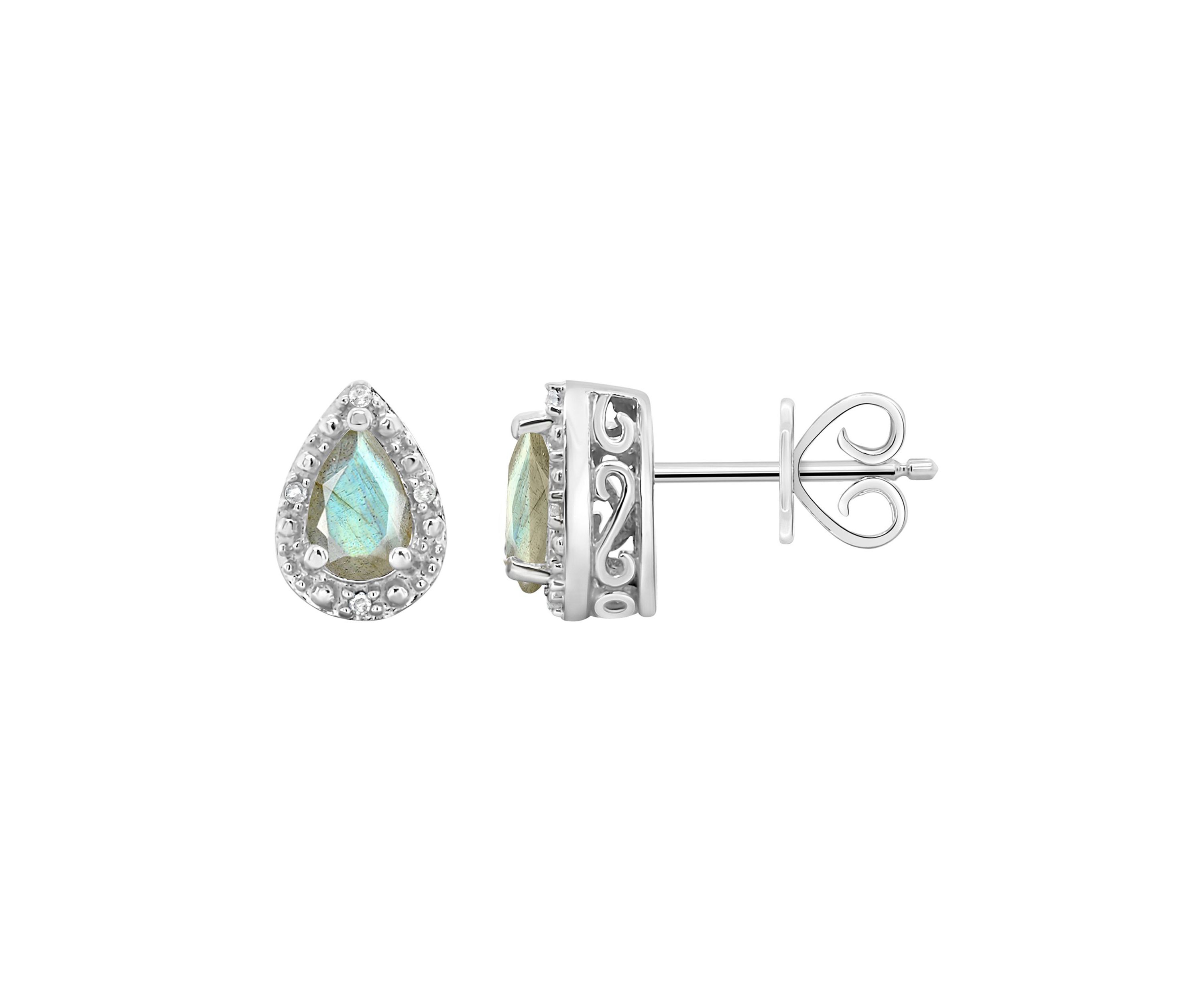 Sterling Silver 6x4mm Pear Shaped Labradorite Diamond Accent Halo Stud Earrings