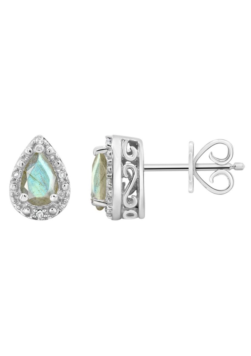 Sterling Silver 6x4mm Pear Shaped Labradorite Diamond Accent Halo Stud Earrings