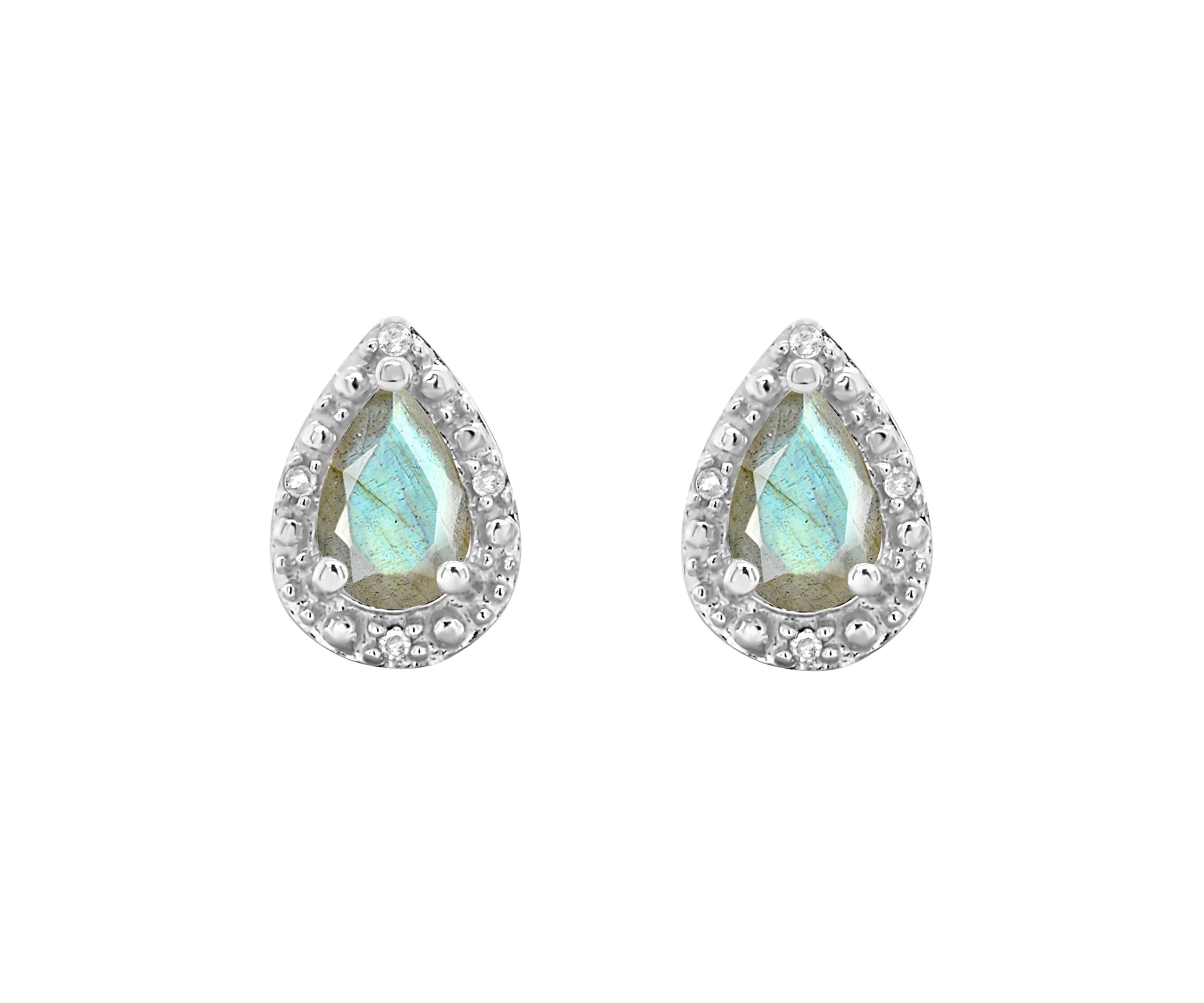 Sterling Silver 6x4mm Pear Shaped Labradorite Diamond Accent Halo Stud Earrings